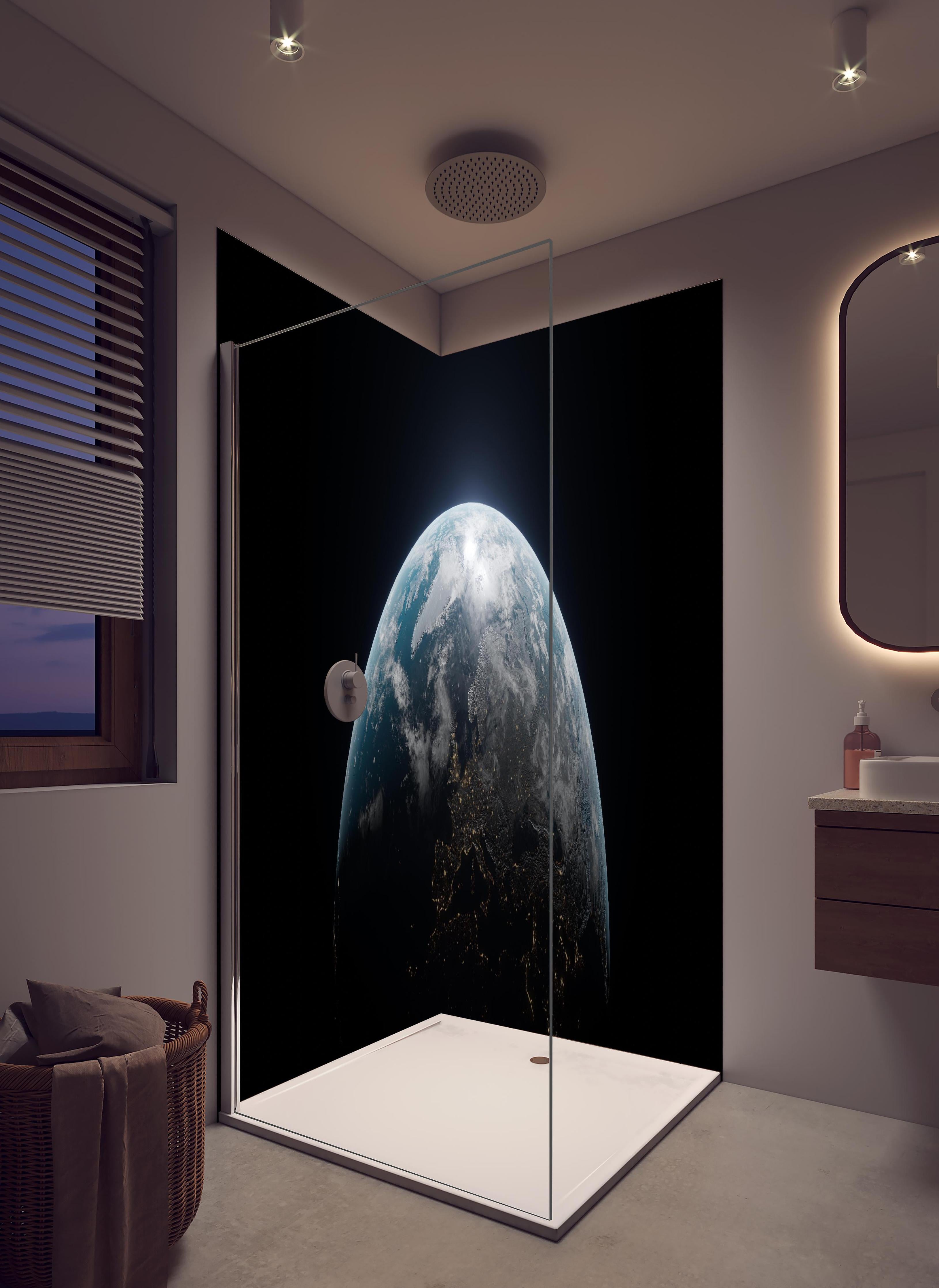 Duschrückwand - Blick auf die Erde in hellem Badezimmer mit Regenduschkopf - zweiteilige Eck-Duschrückwand