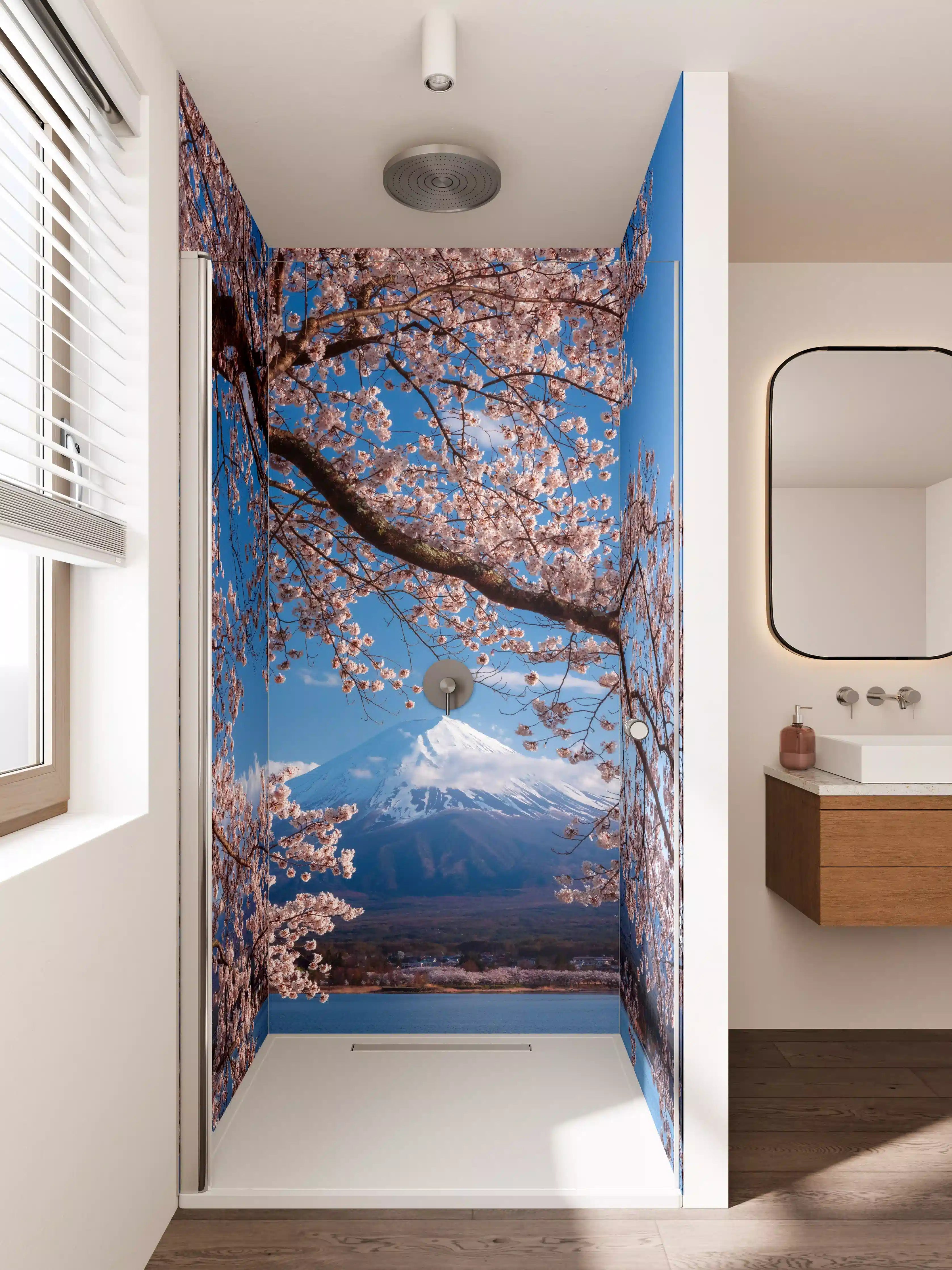 Duschrückwand - Blühende Kirschbäume mit Blick auf den Mount Fuji