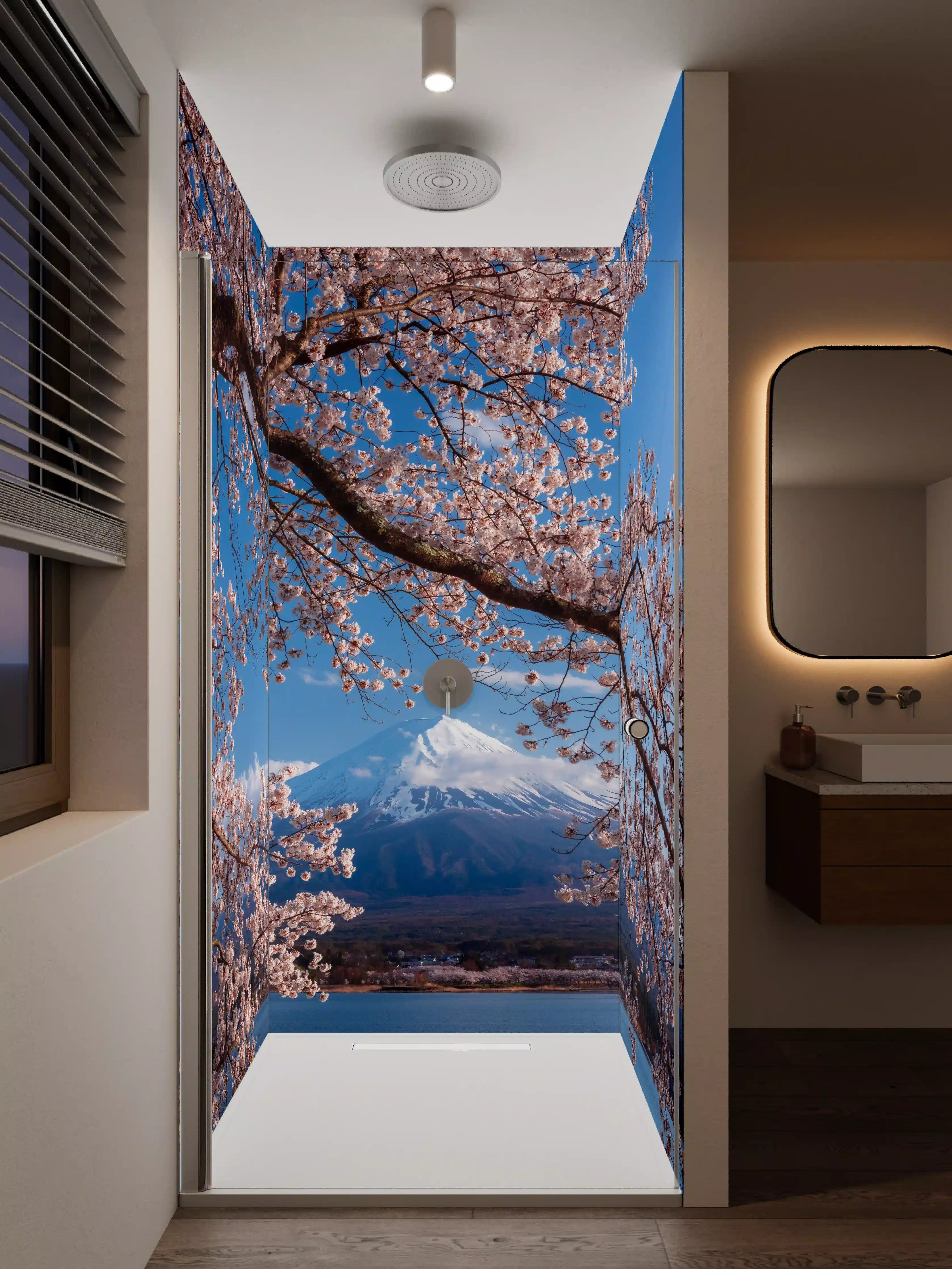 Duschrückwand - Blühende Kirschbäume mit Blick auf den Mount Fuji