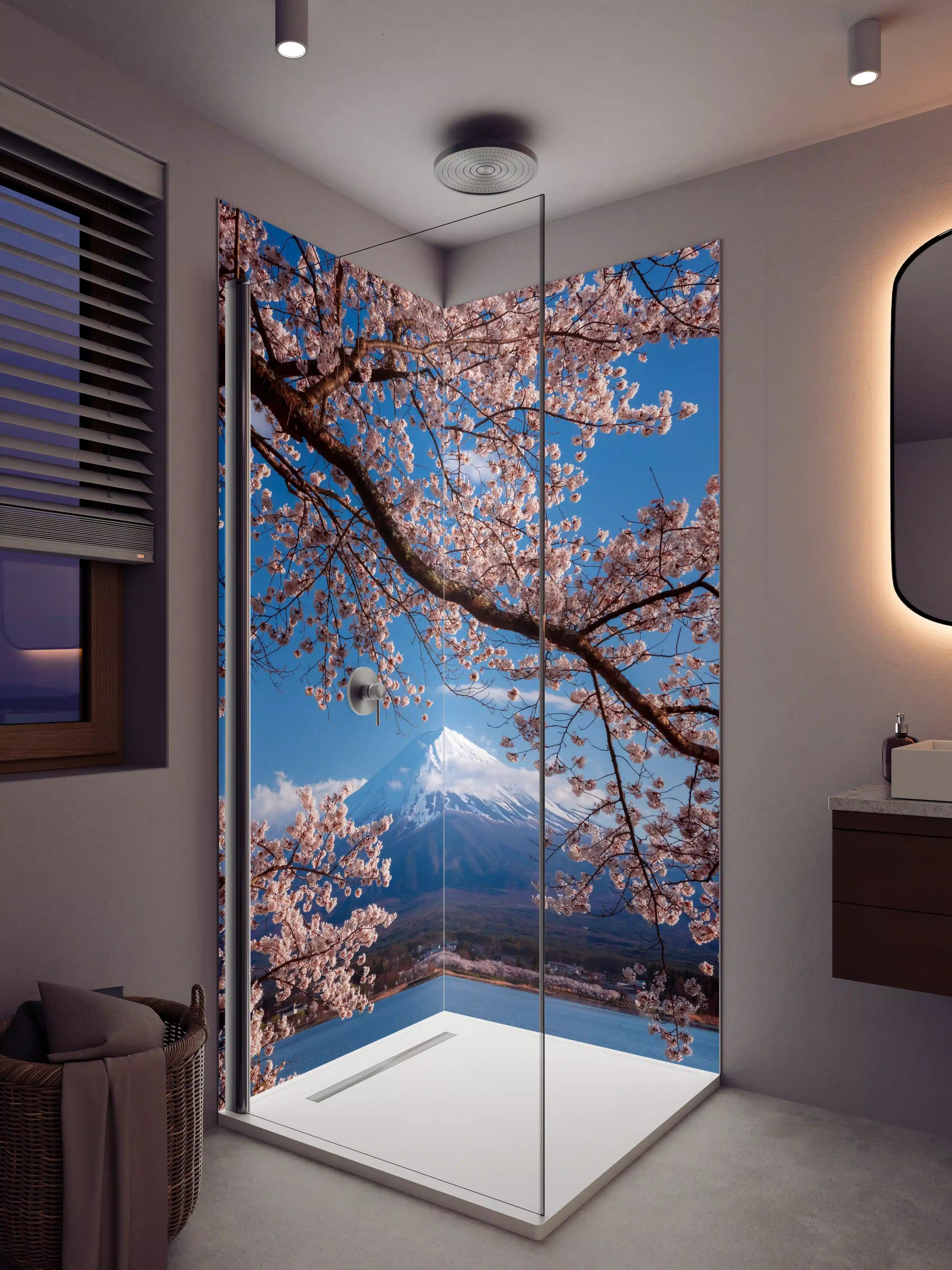 Duschrückwand - Blühende Kirschbäume mit Blick auf den Mount Fuji