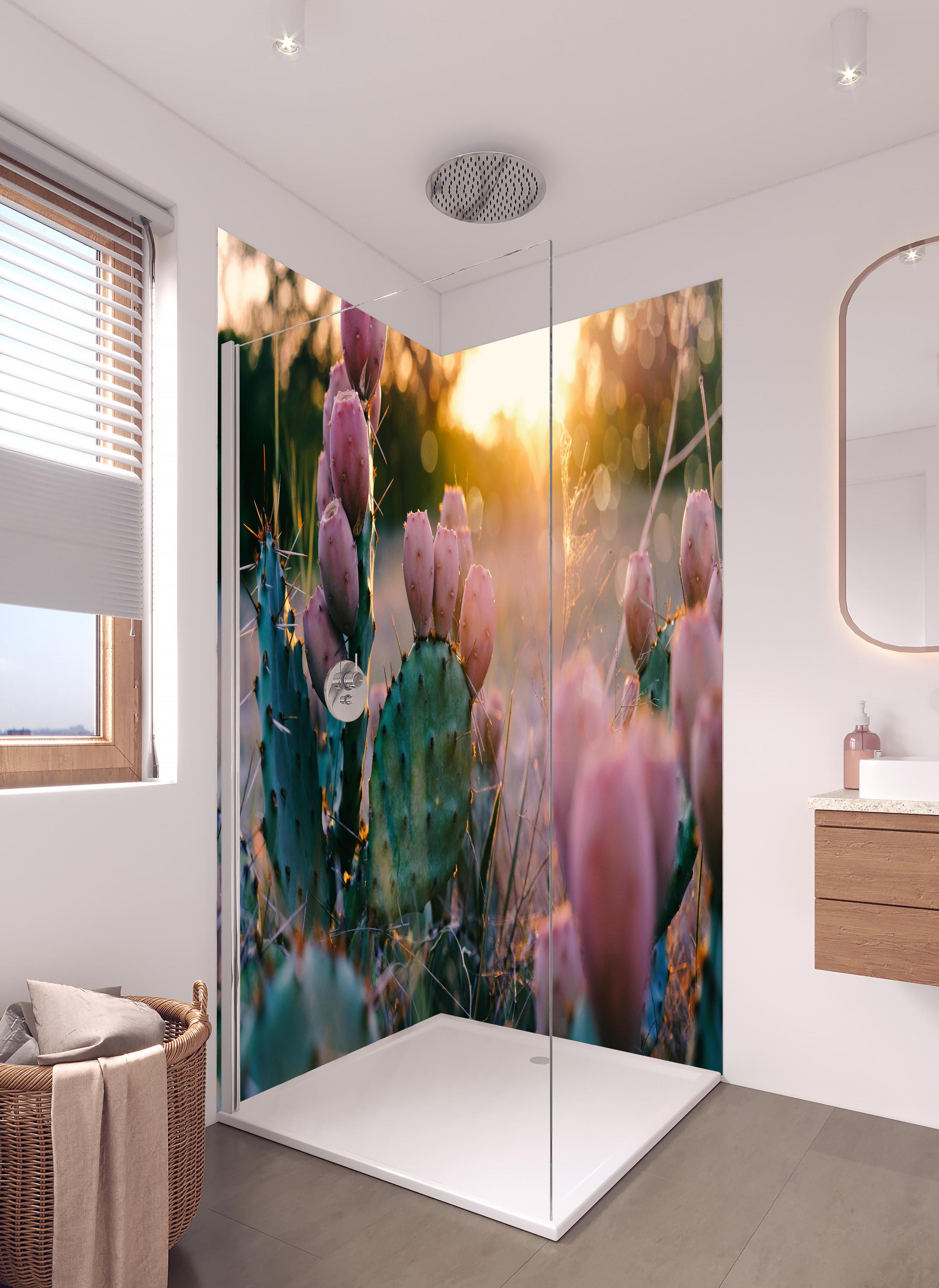 Duschrückwand - Blühender Kaktus bei Sonnenuntergang in hellem Badezimmer mit Regenduschkopf - zweiteilige Eck-Duschrückwand
