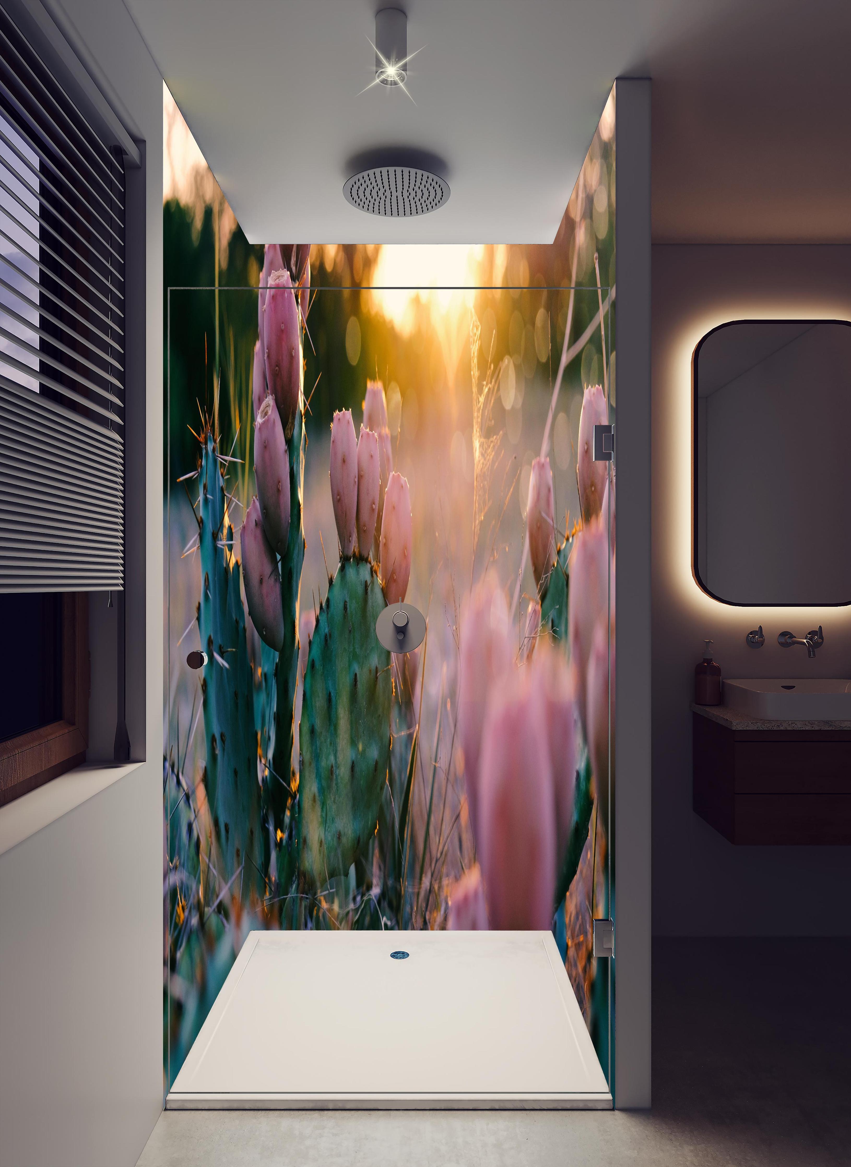 Duschrückwand - Blühender Kaktus bei Sonnenuntergang in hellem Badezimmer mit Regenduschkopf - zweiteilige Eck-Duschrückwand