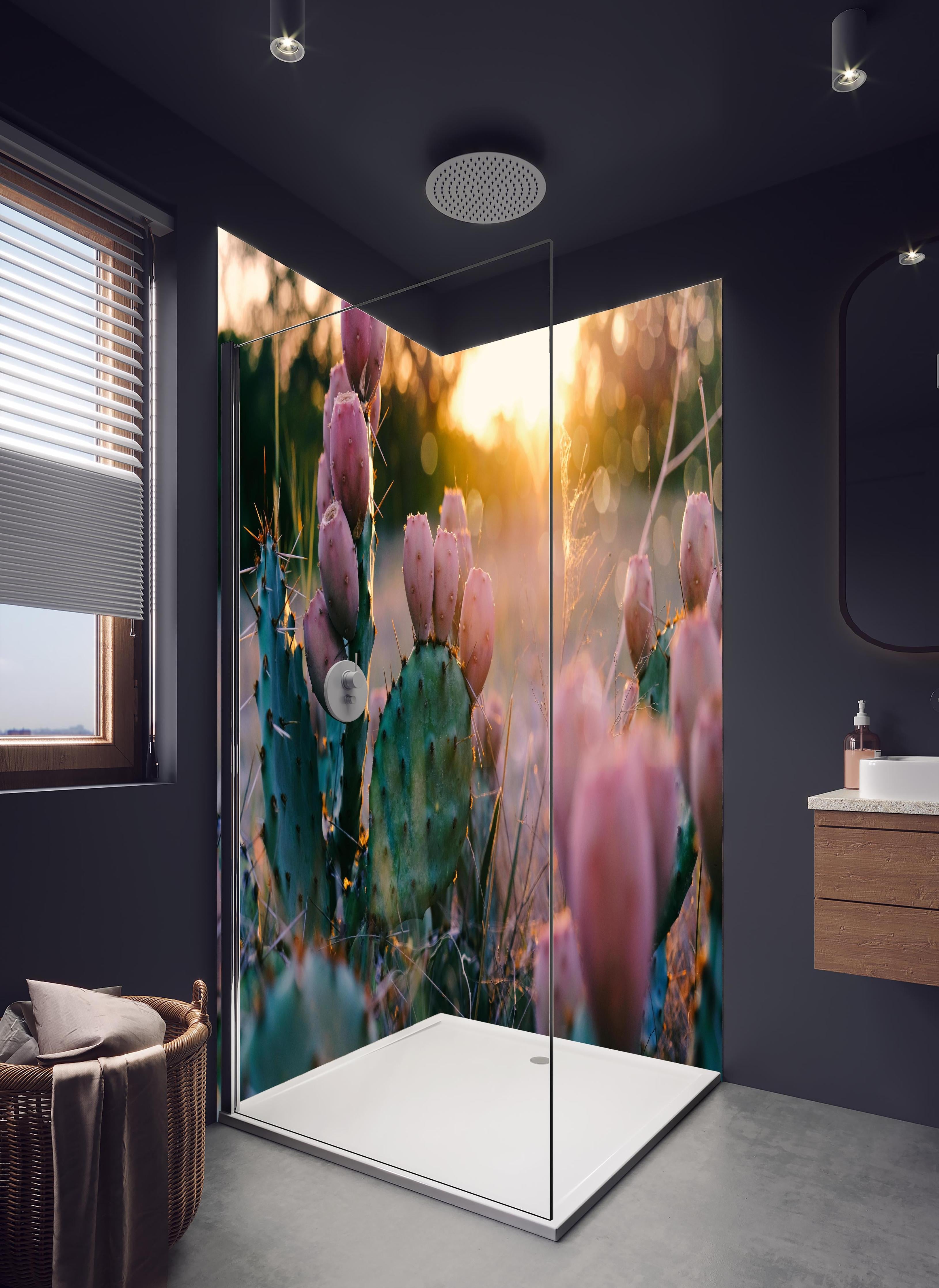 Duschrückwand - Blühender Kaktus bei Sonnenuntergang in hellem Badezimmer mit Regenduschkopf - zweiteilige Eck-Duschrückwand