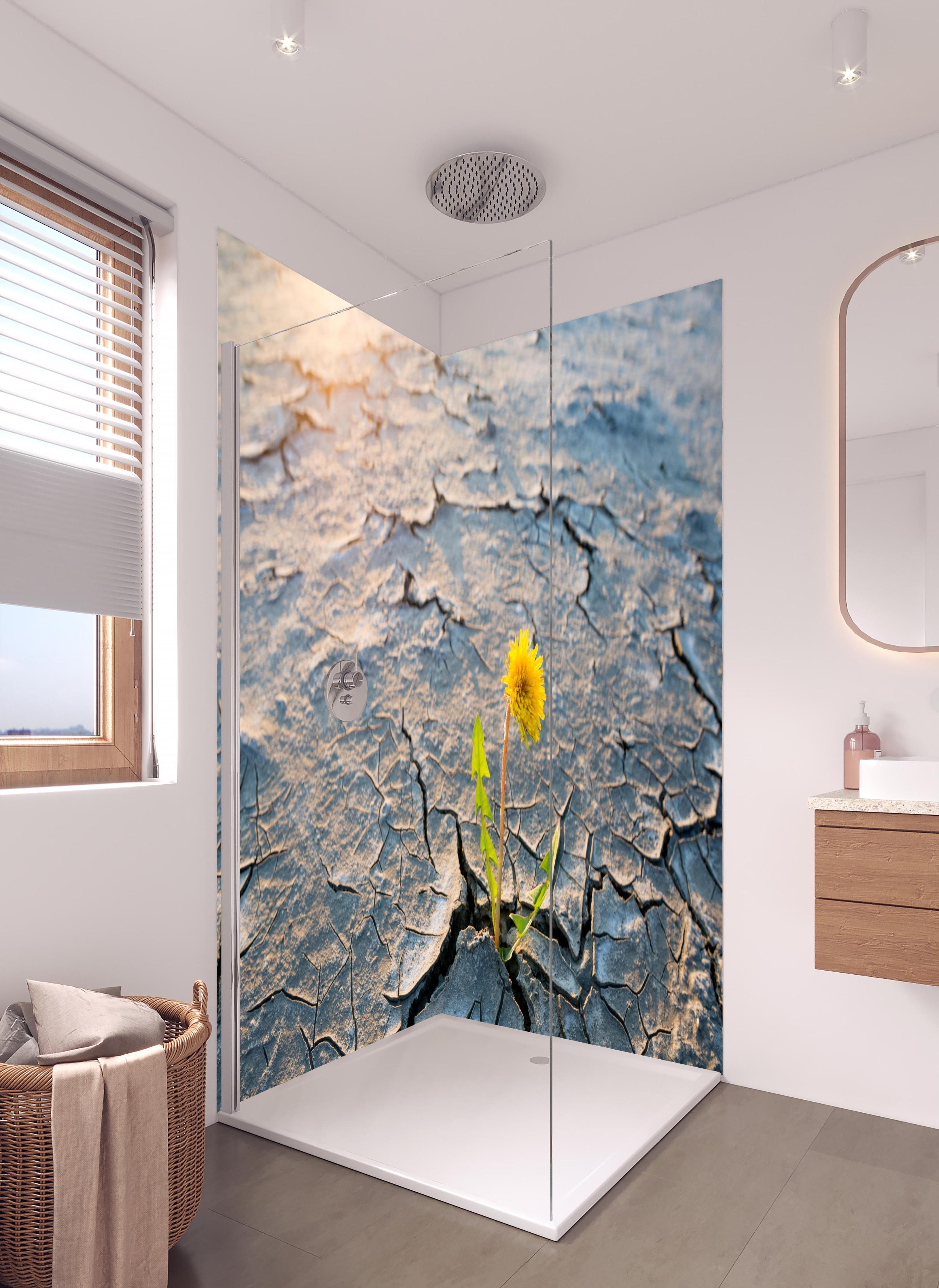 Duschrückwand - Blume wächst in trockener Wüste in hellem Badezimmer mit Regenduschkopf - zweiteilige Eck-Duschrückwand