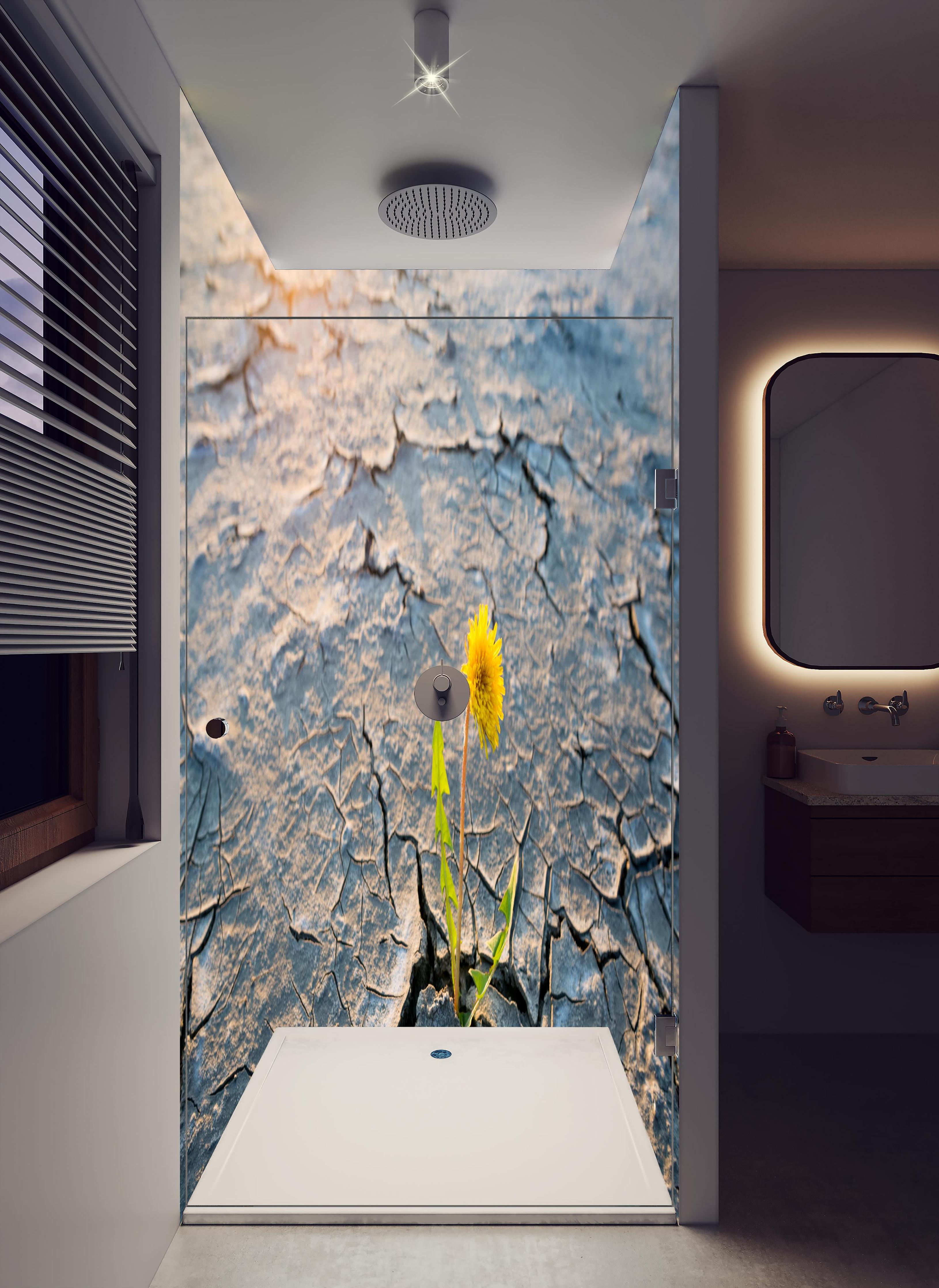 Duschrückwand - Blume wächst in trockener Wüste in hellem Badezimmer mit Regenduschkopf - zweiteilige Eck-Duschrückwand