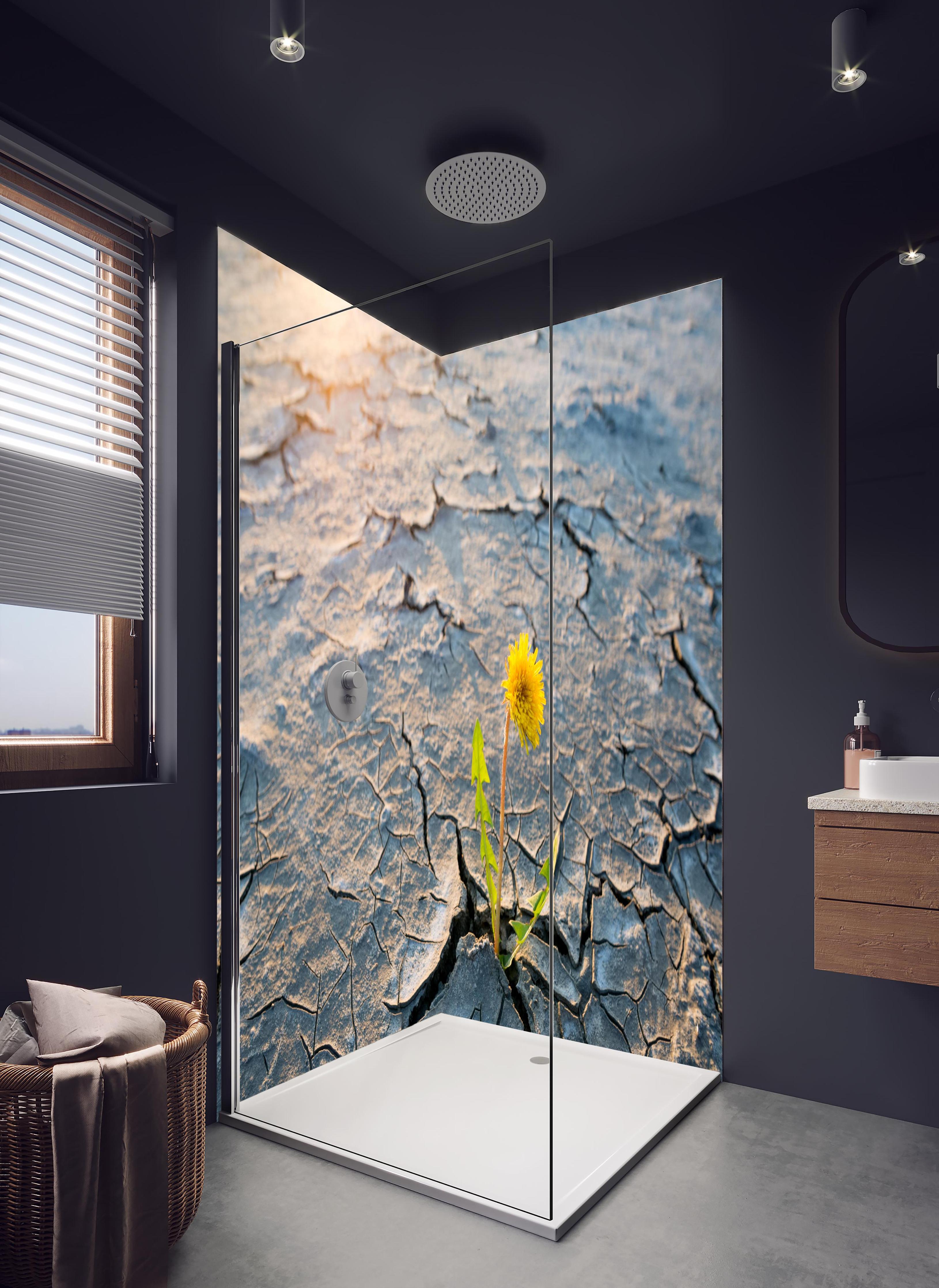 Duschrückwand - Blume wächst in trockener Wüste in hellem Badezimmer mit Regenduschkopf - zweiteilige Eck-Duschrückwand