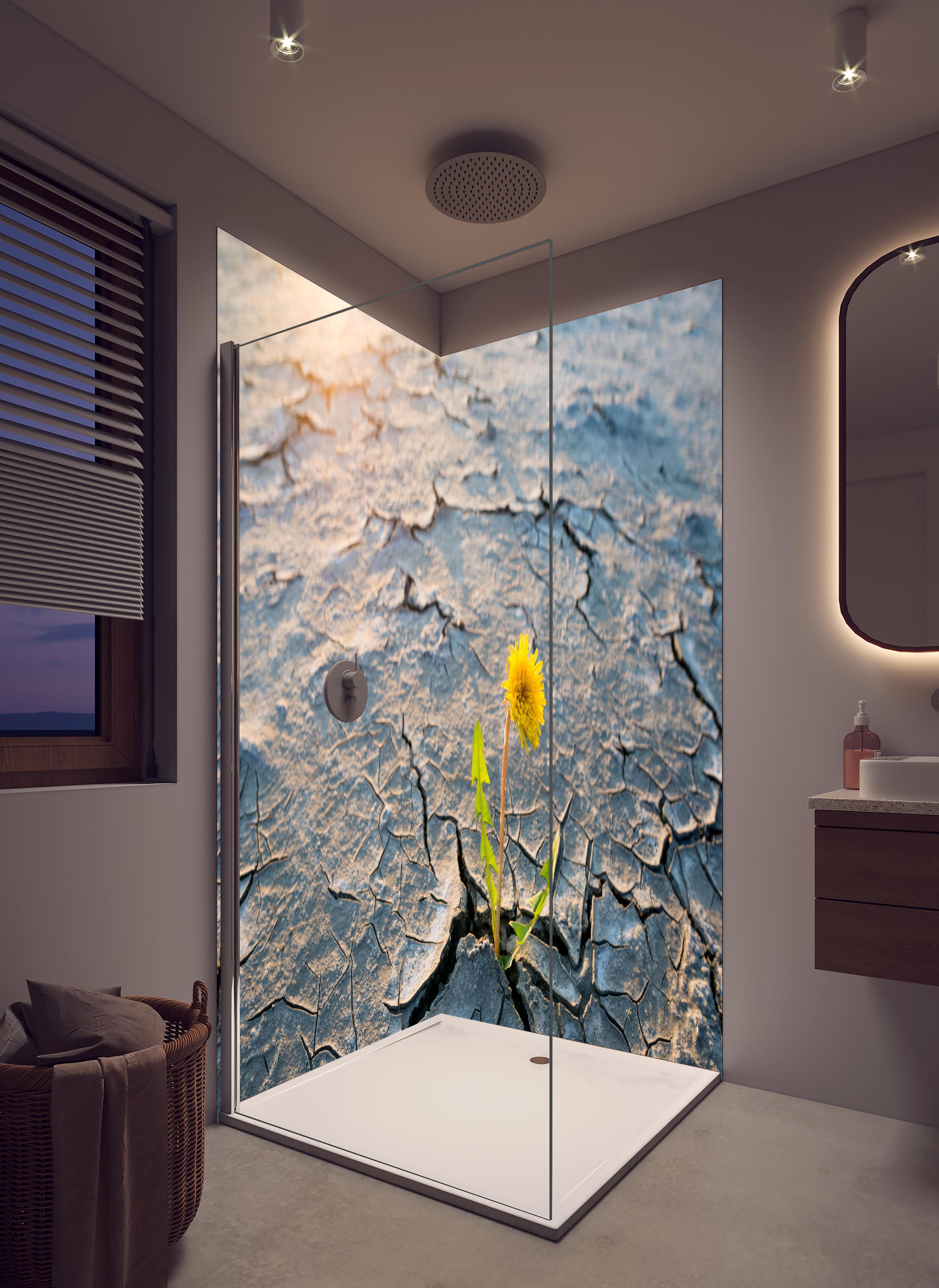 Duschrückwand - Blume wächst in trockener Wüste in hellem Badezimmer mit Regenduschkopf - zweiteilige Eck-Duschrückwand