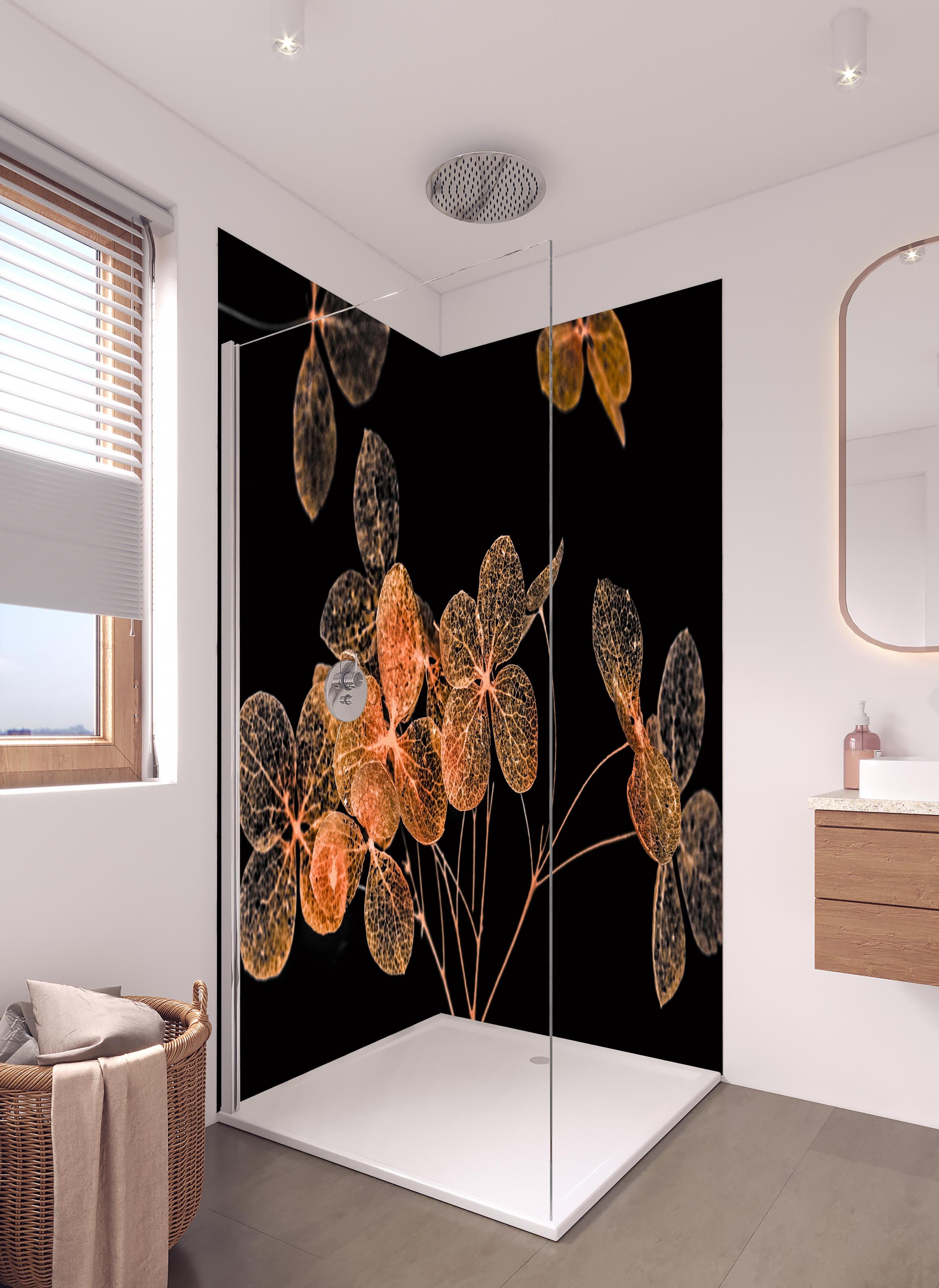 Duschrückwand - Blumen im Detail - grafik in hellem Badezimmer mit Regenduschkopf - zweiteilige Eck-Duschrückwand
