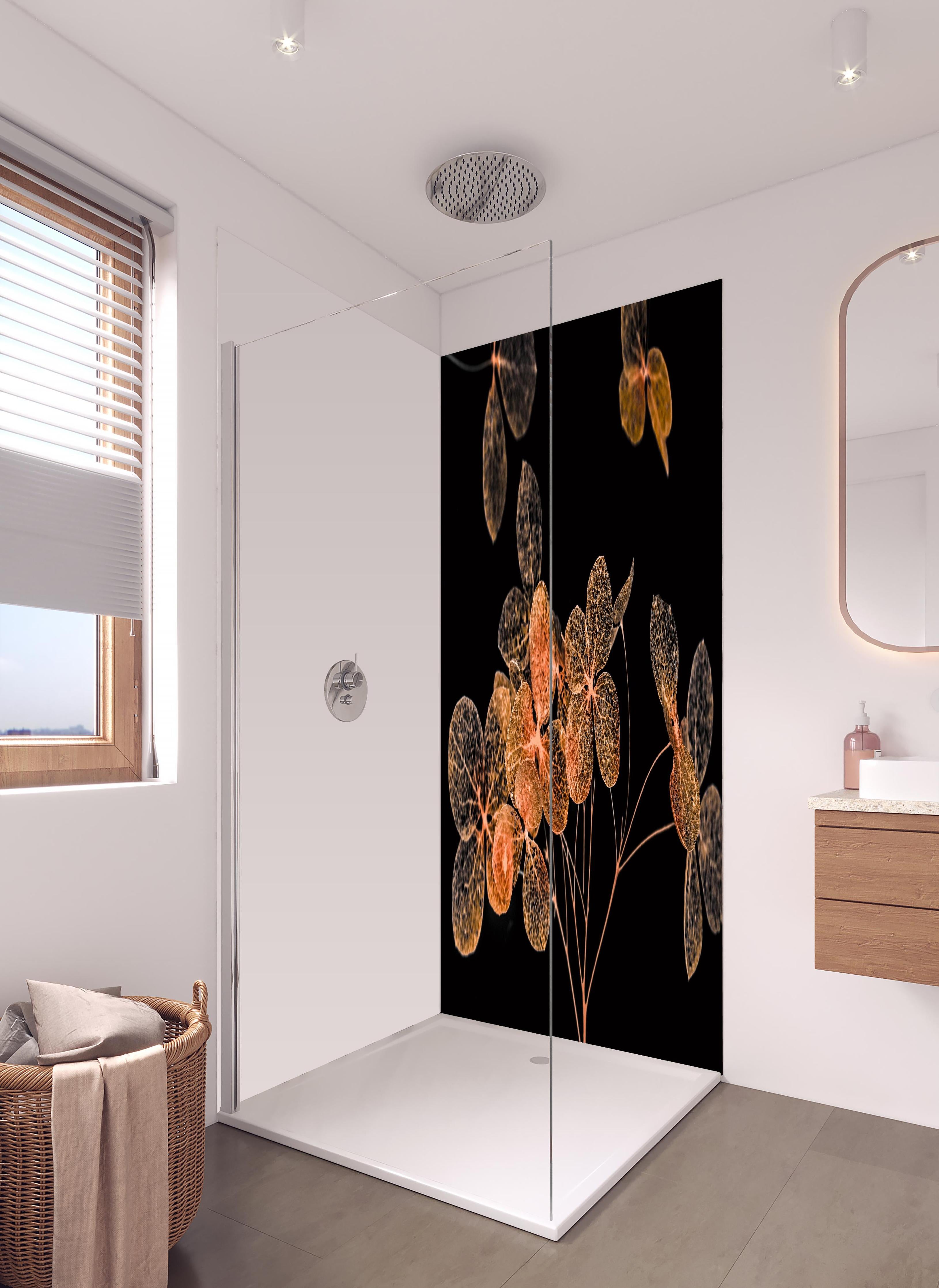Duschrückwand - Blumen im Detail - grafik in hellem Badezimmer mit Regenduschkopf - zweiteilige Eck-Duschrückwand