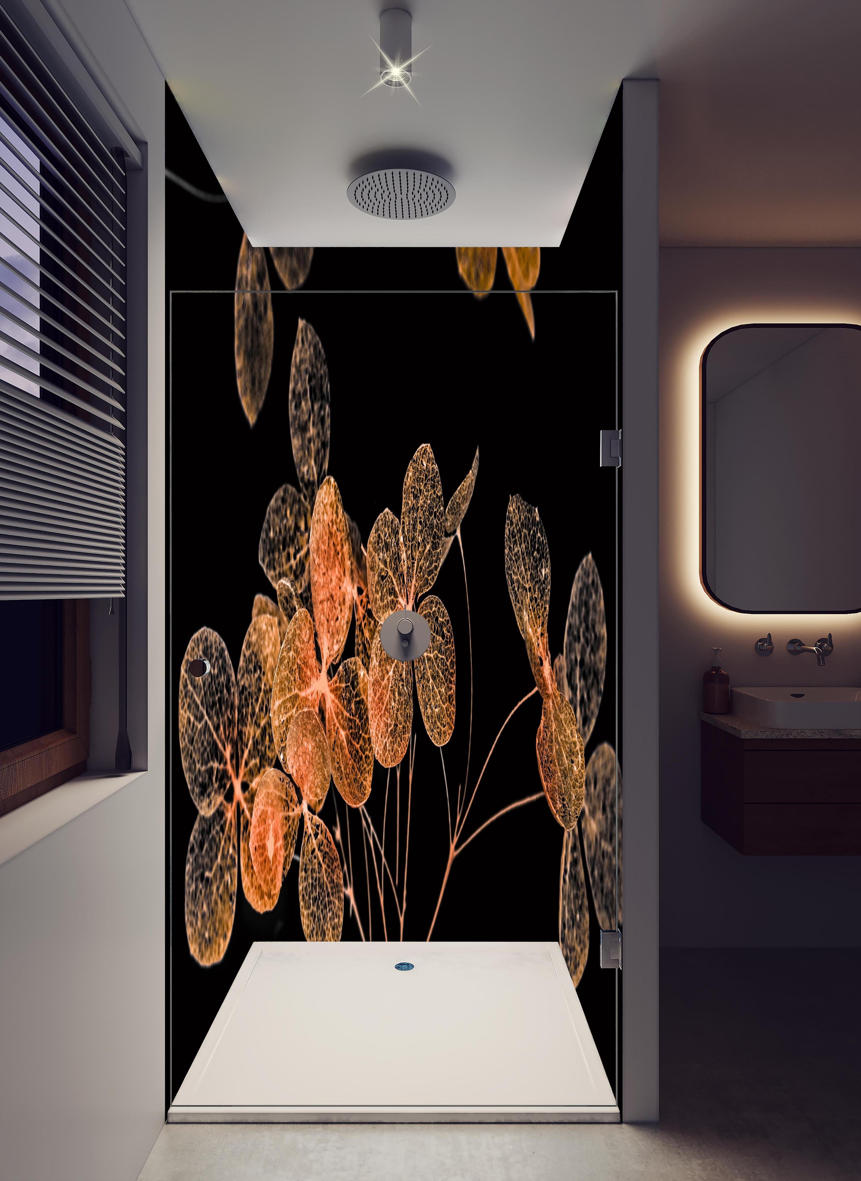 Duschrückwand - Blumen im Detail - grafik in hellem Badezimmer mit Regenduschkopf - zweiteilige Eck-Duschrückwand