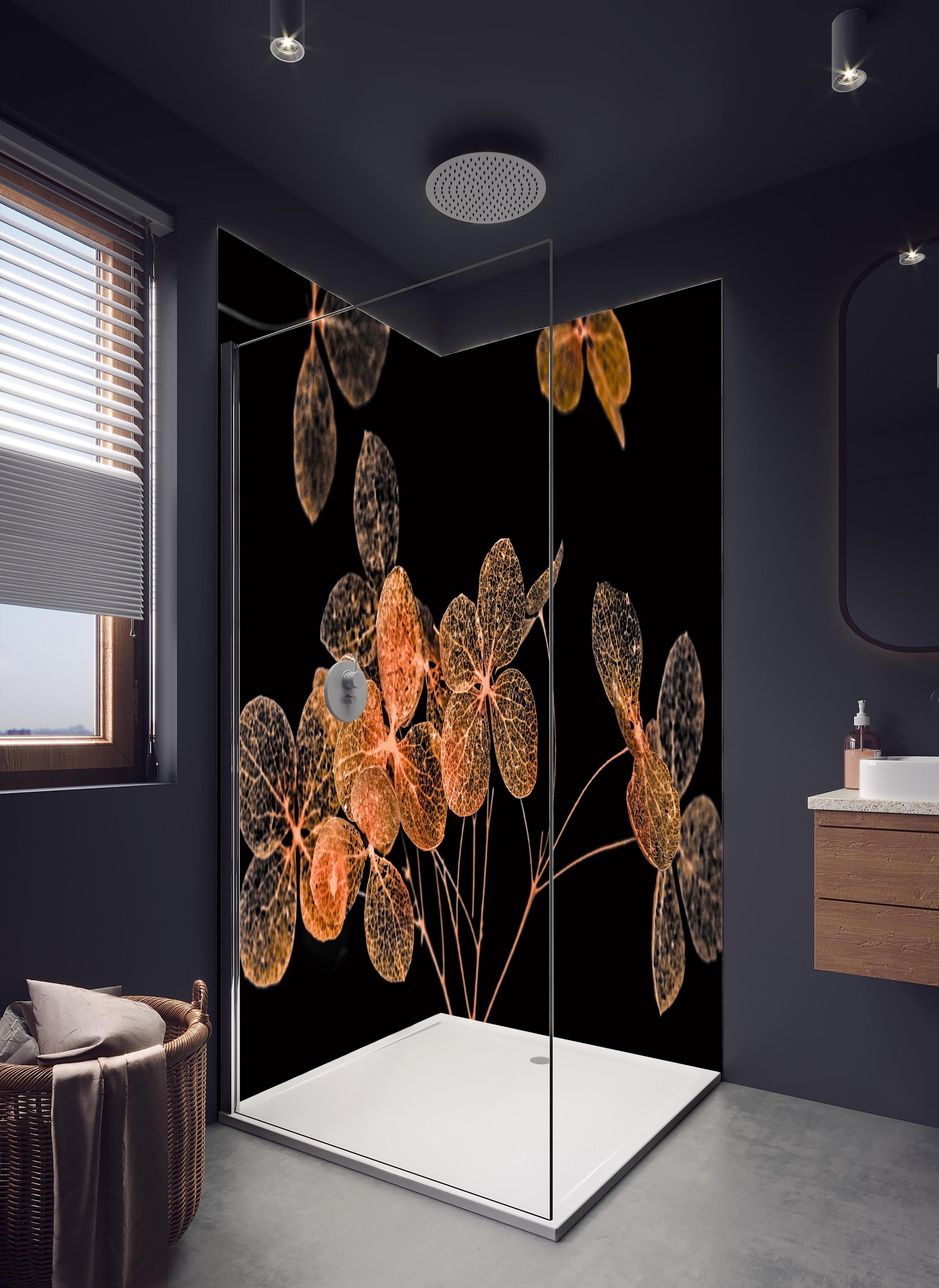 Duschrückwand - Blumen im Detail - grafik in hellem Badezimmer mit Regenduschkopf - zweiteilige Eck-Duschrückwand