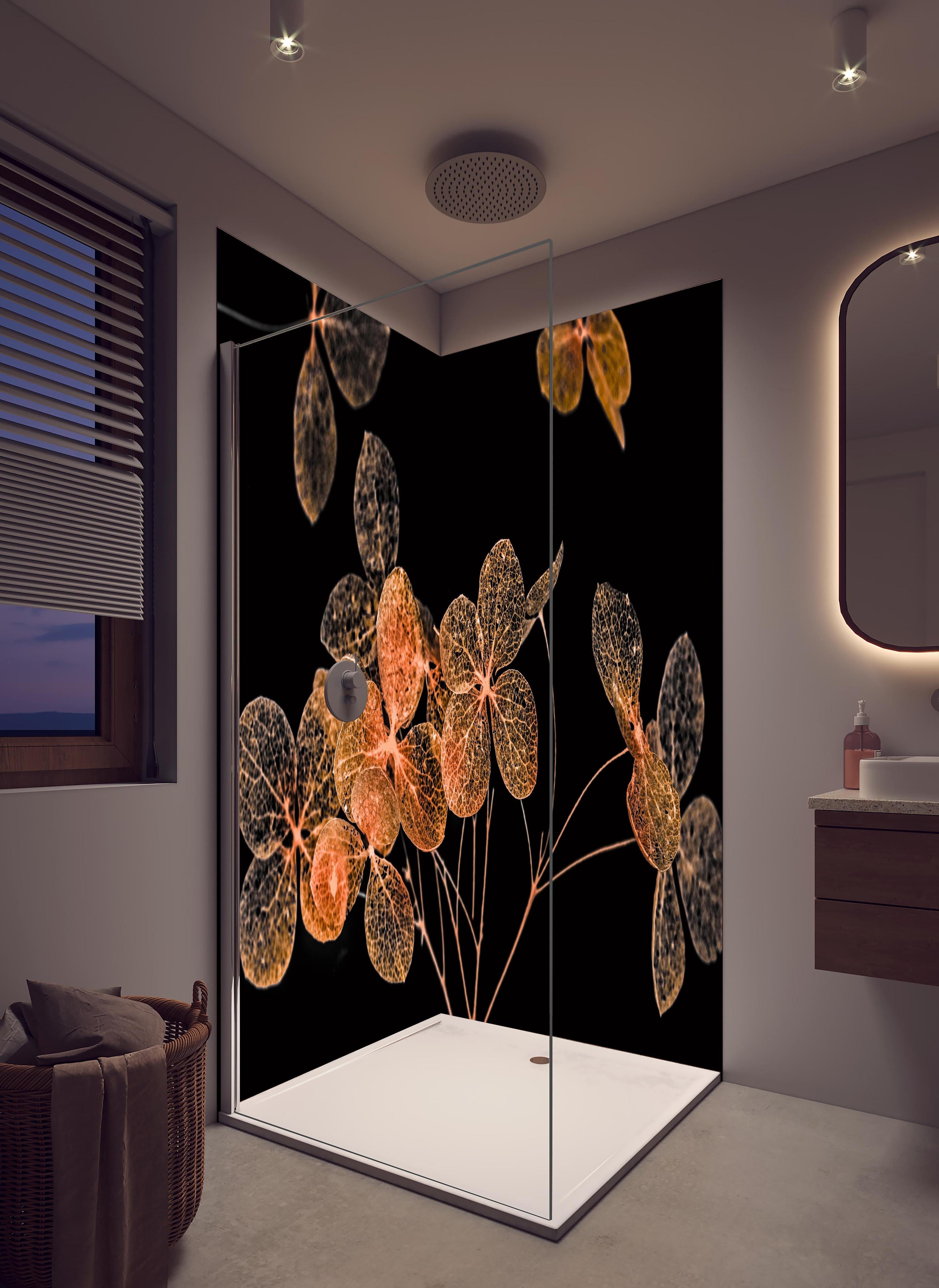 Duschrückwand - Blumen im Detail - grafik in hellem Badezimmer mit Regenduschkopf - zweiteilige Eck-Duschrückwand