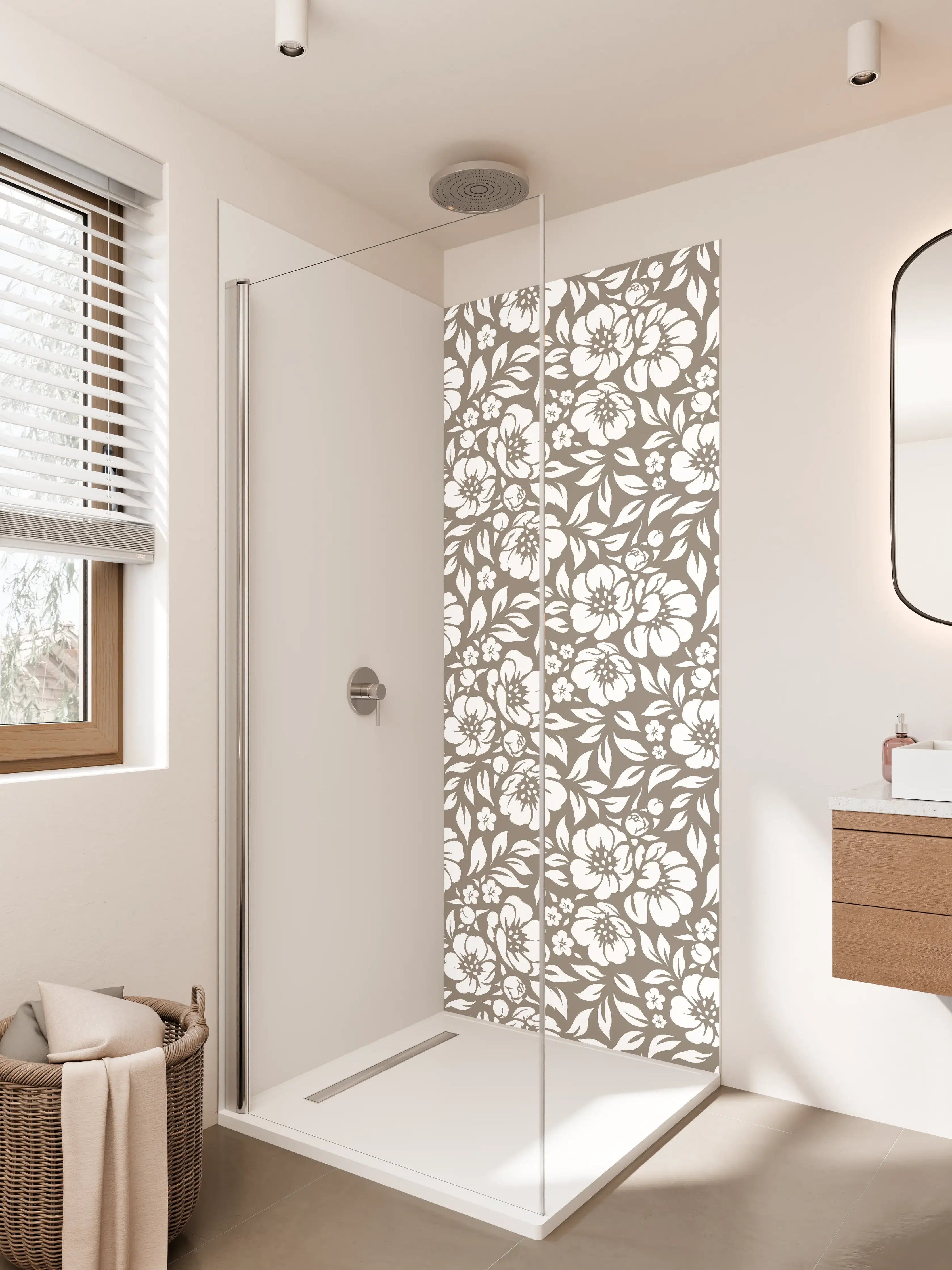 Duschrückwand - Blumenmuster in Weiß auf Beige