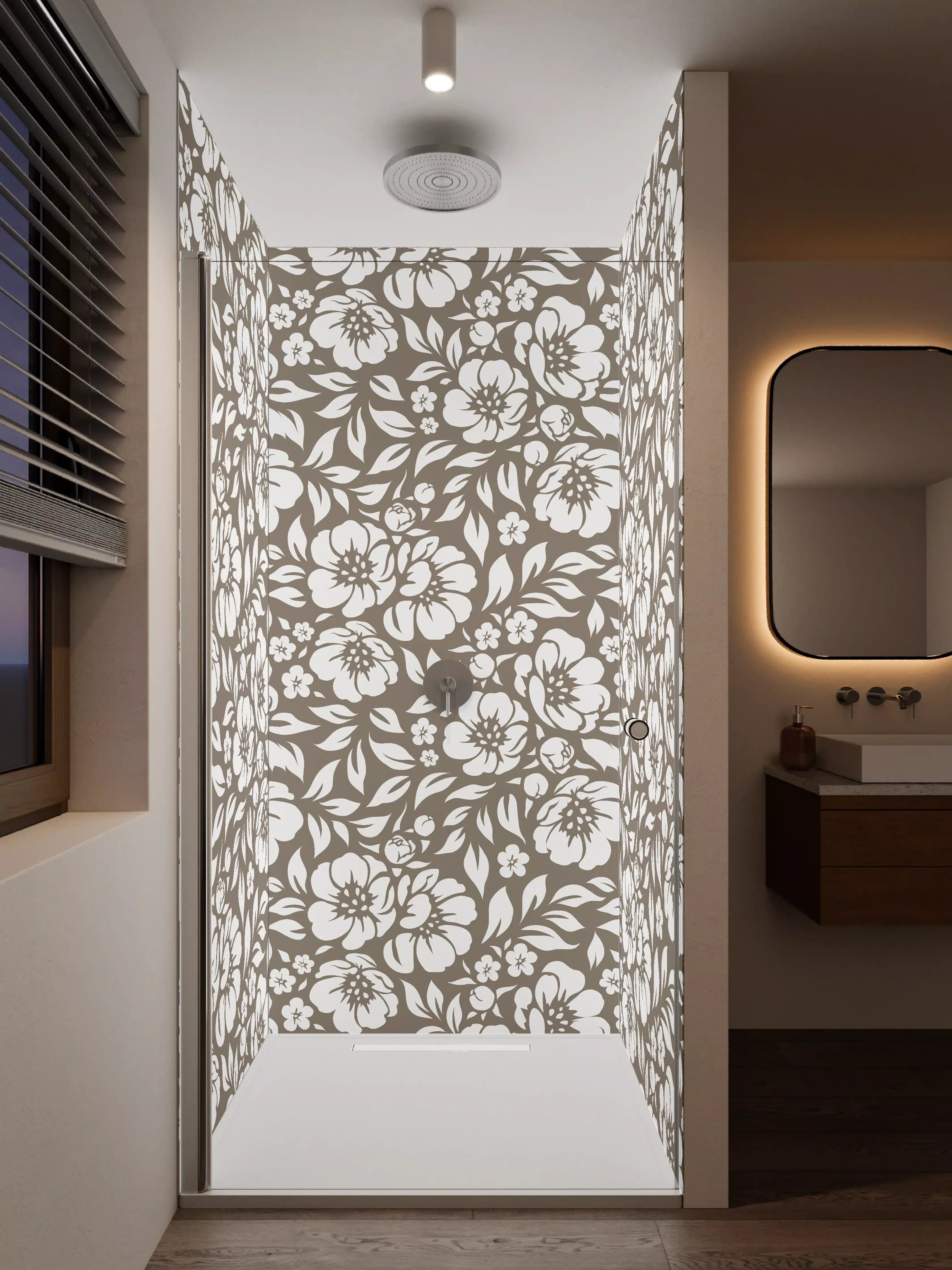 Duschrückwand - Blumenmuster in Weiß auf Beige