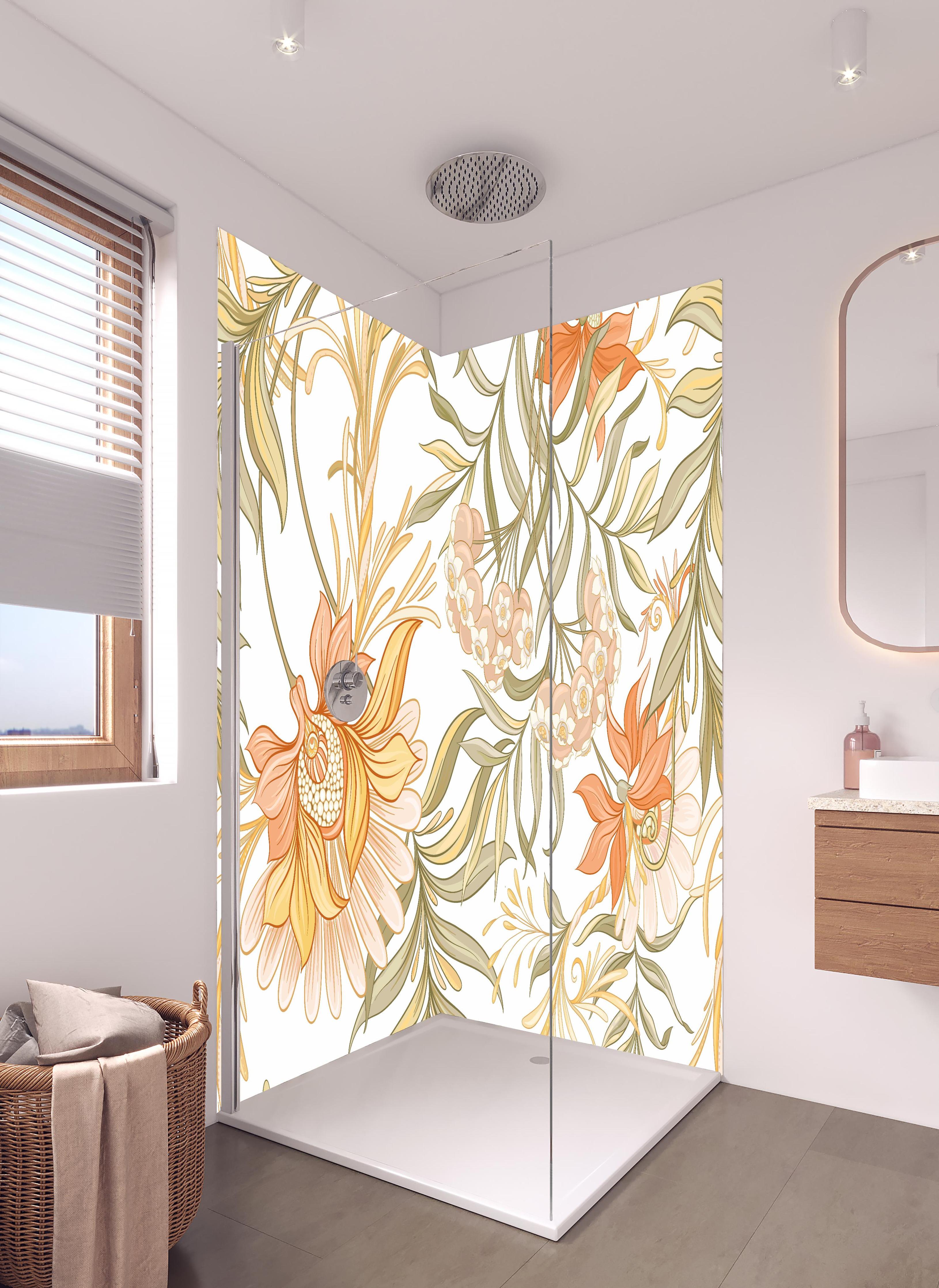 Duschrückwand - Blumenmuster in sanften Pastelltönen Wandbild in hellem Badezimmer mit Regenduschkopf - zweiteilige Eck-Duschrückwand