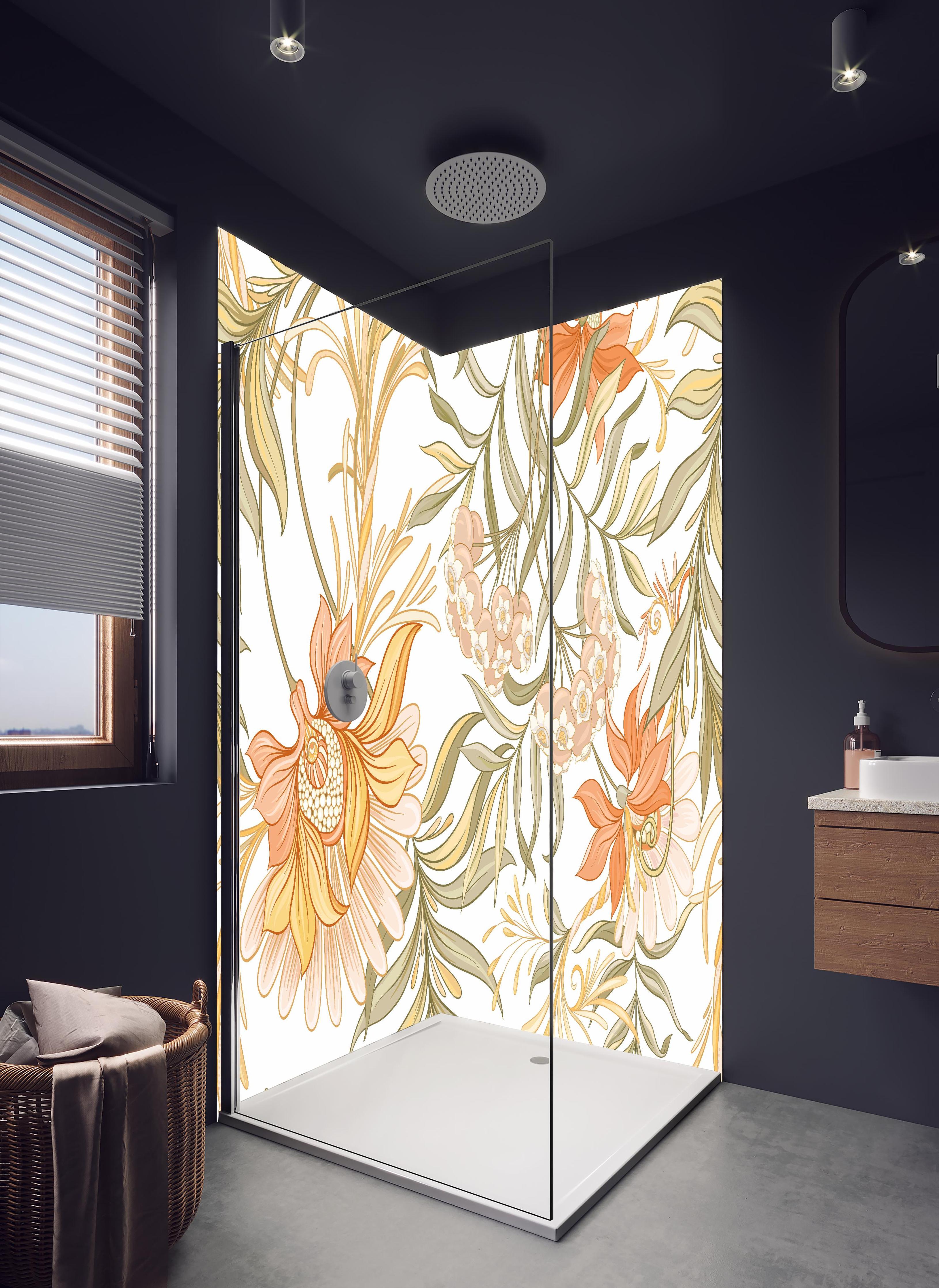 Duschrückwand - Blumenmuster in sanften Pastelltönen Wandbild in hellem Badezimmer mit Regenduschkopf - zweiteilige Eck-Duschrückwand