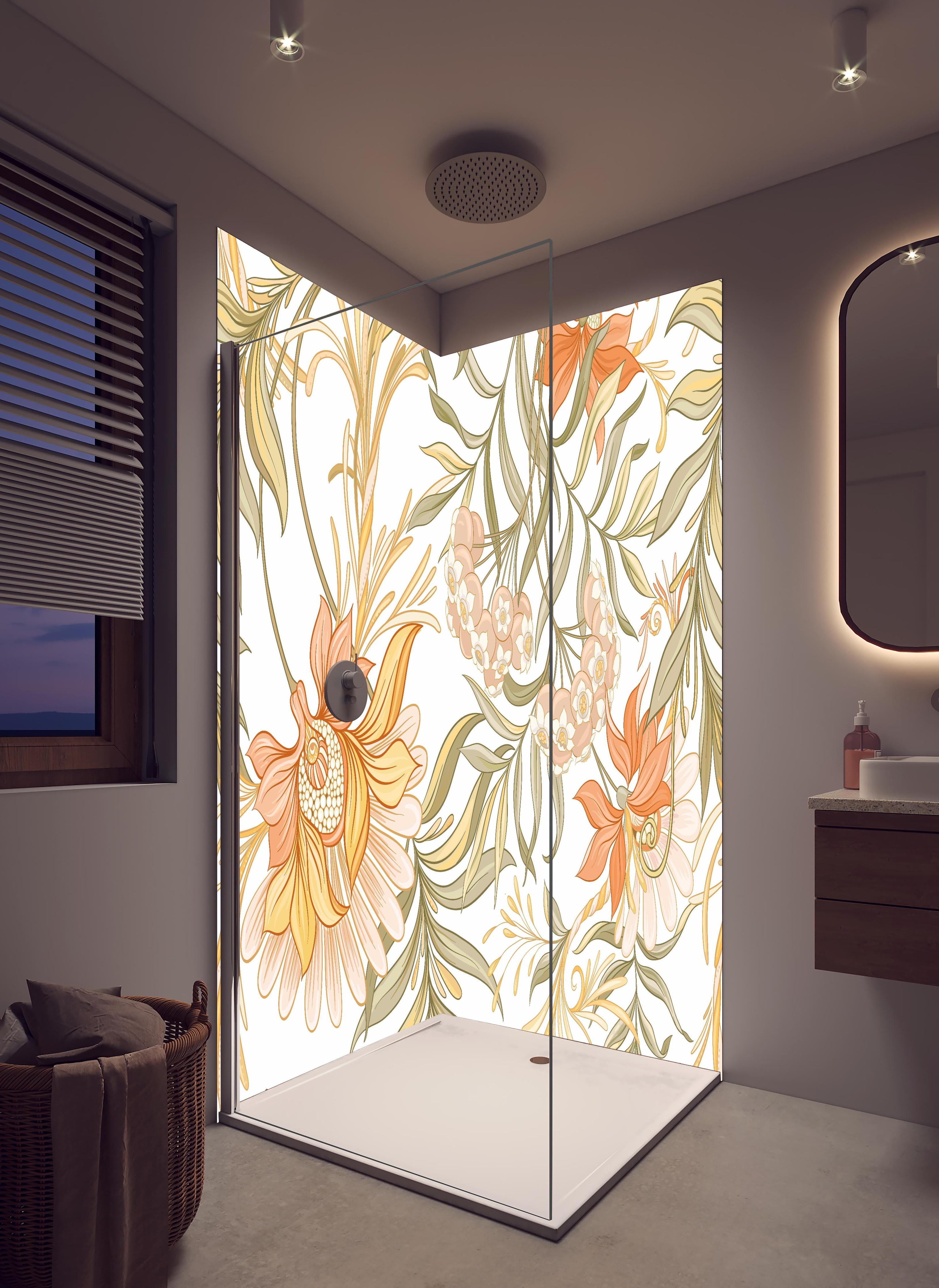 Duschrückwand - Blumenmuster in sanften Pastelltönen Wandbild in hellem Badezimmer mit Regenduschkopf - zweiteilige Eck-Duschrückwand