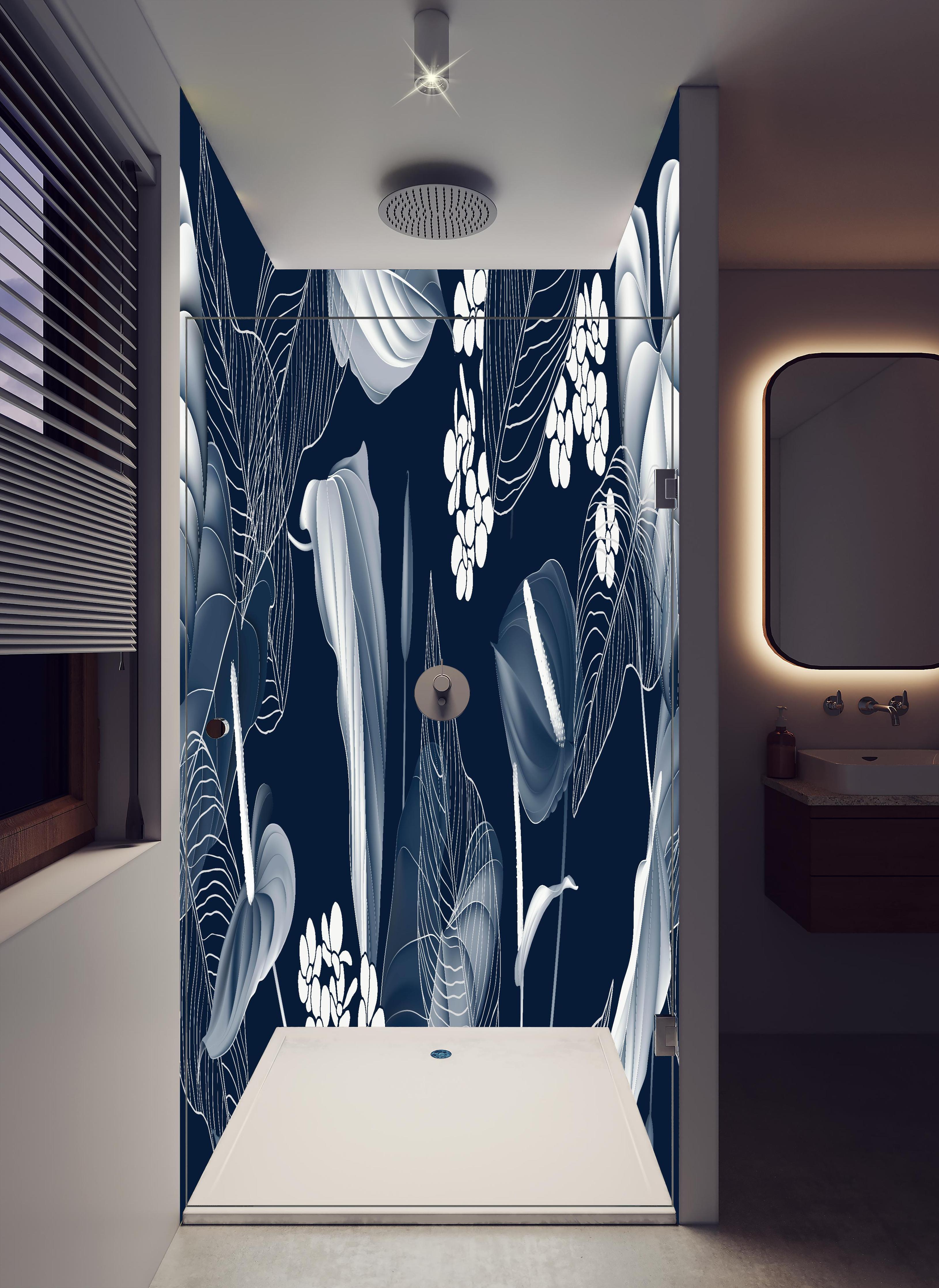 Duschrückwand - Blumiges Anthurium Muster auf Dunkelblau in hellem Badezimmer mit Regenduschkopf - zweiteilige Eck-Duschrückwand