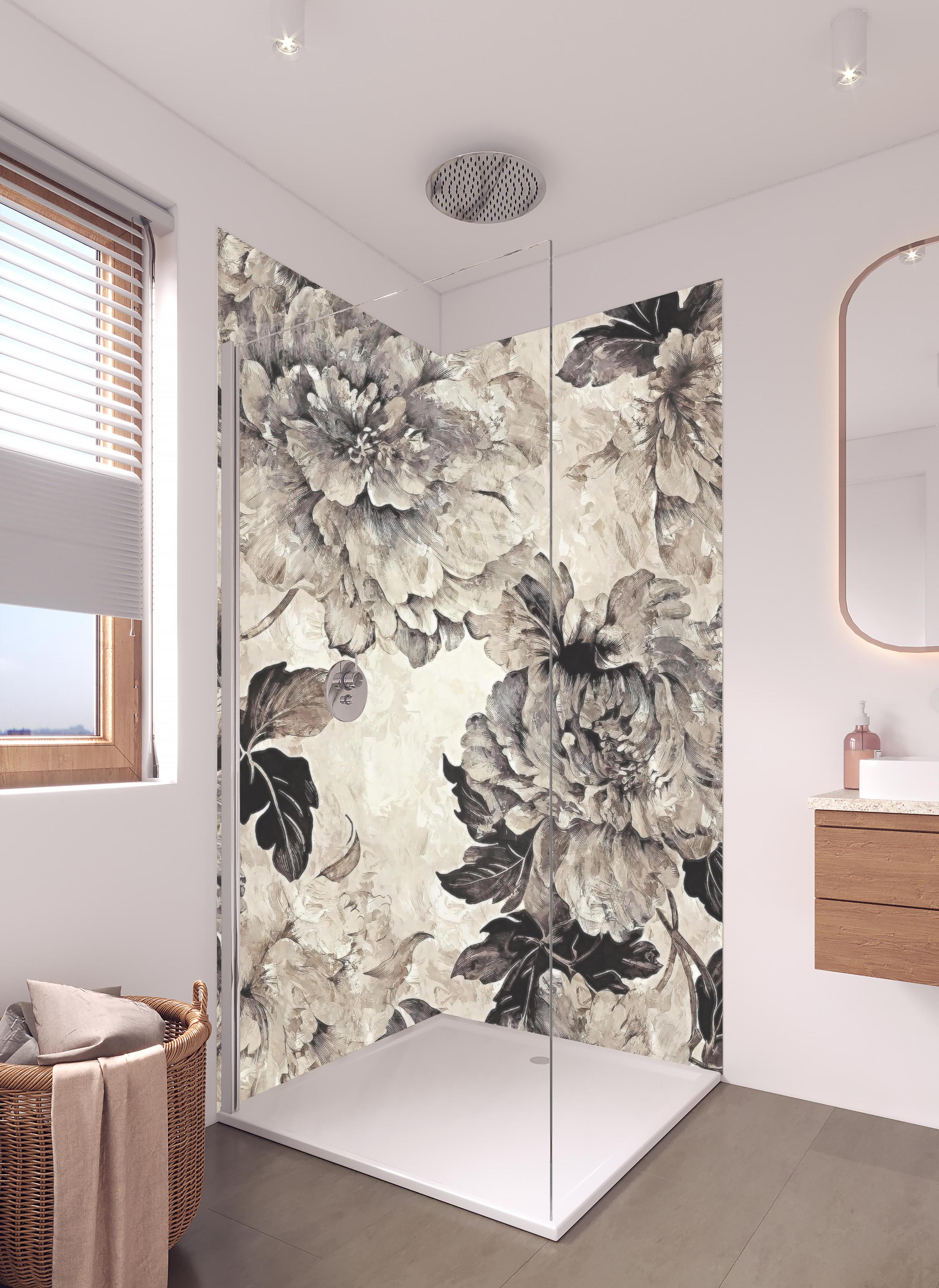 Duschrückwand - Blumiges Grau-Beige Muster Poster in hellem Badezimmer mit Regenduschkopf - zweiteilige Eck-Duschrückwand
