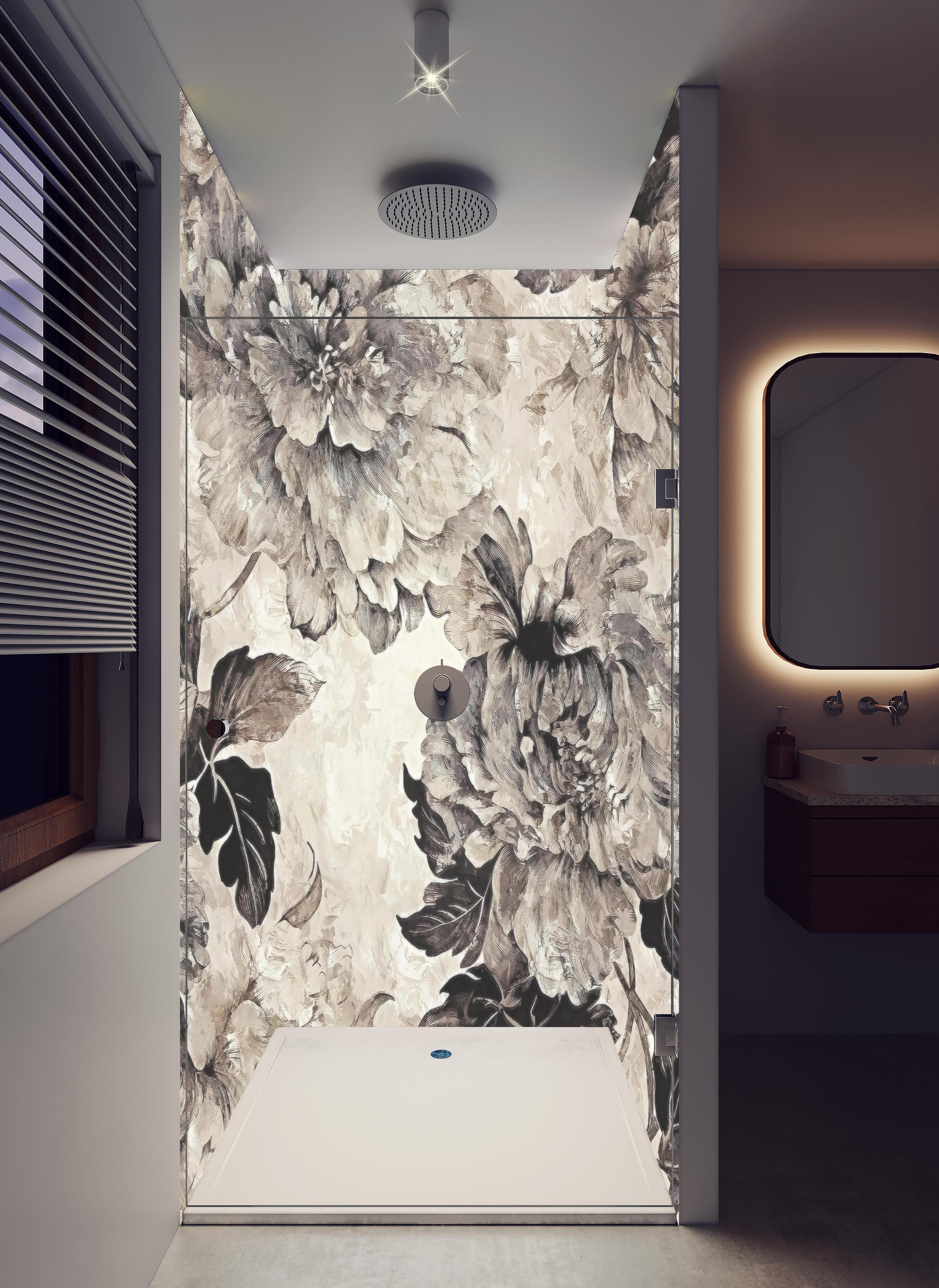 Duschrückwand - Blumiges Grau-Beige Muster Poster in hellem Badezimmer mit Regenduschkopf - zweiteilige Eck-Duschrückwand