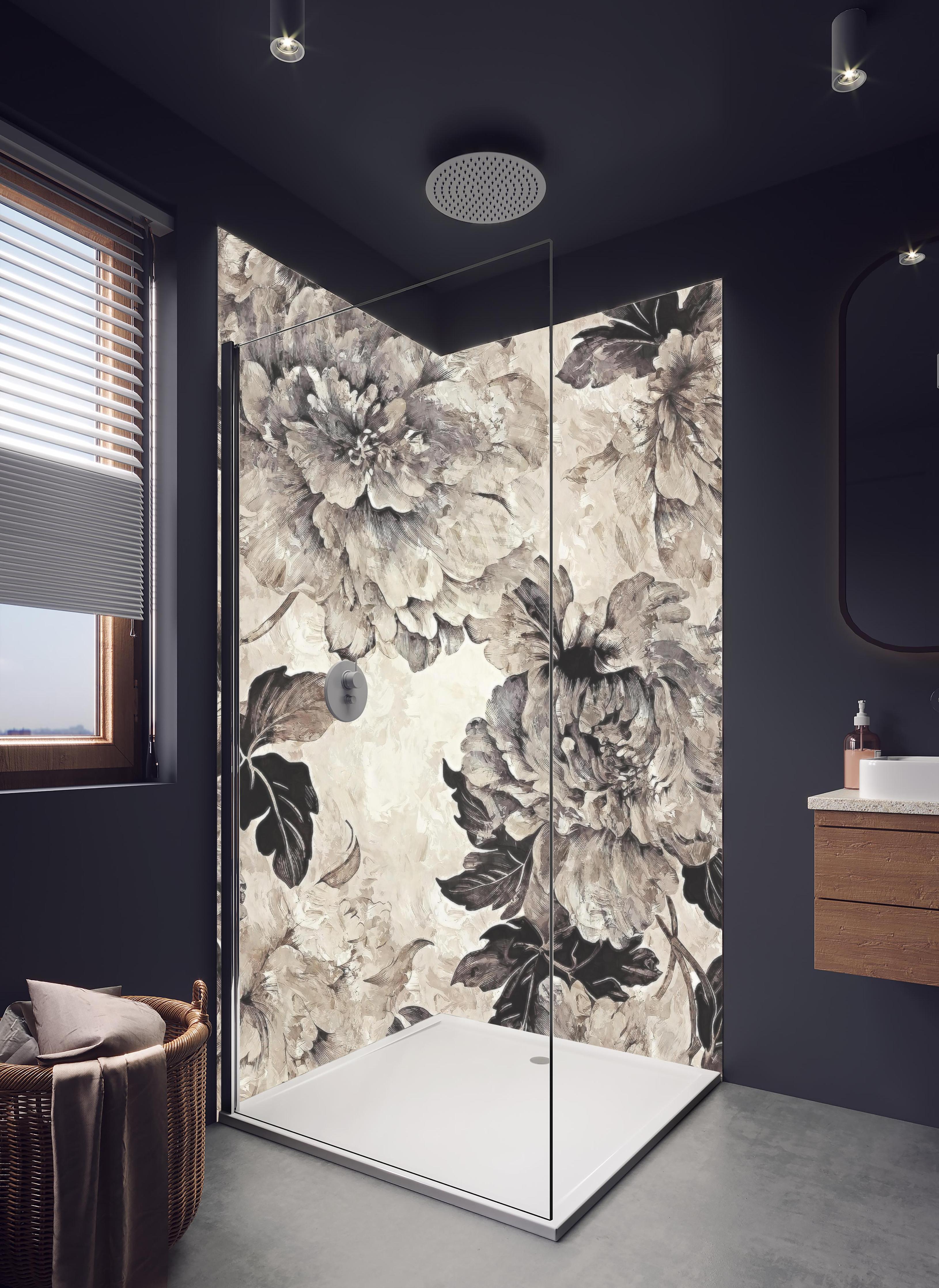 Duschrückwand - Blumiges Grau-Beige Muster Poster in hellem Badezimmer mit Regenduschkopf - zweiteilige Eck-Duschrückwand