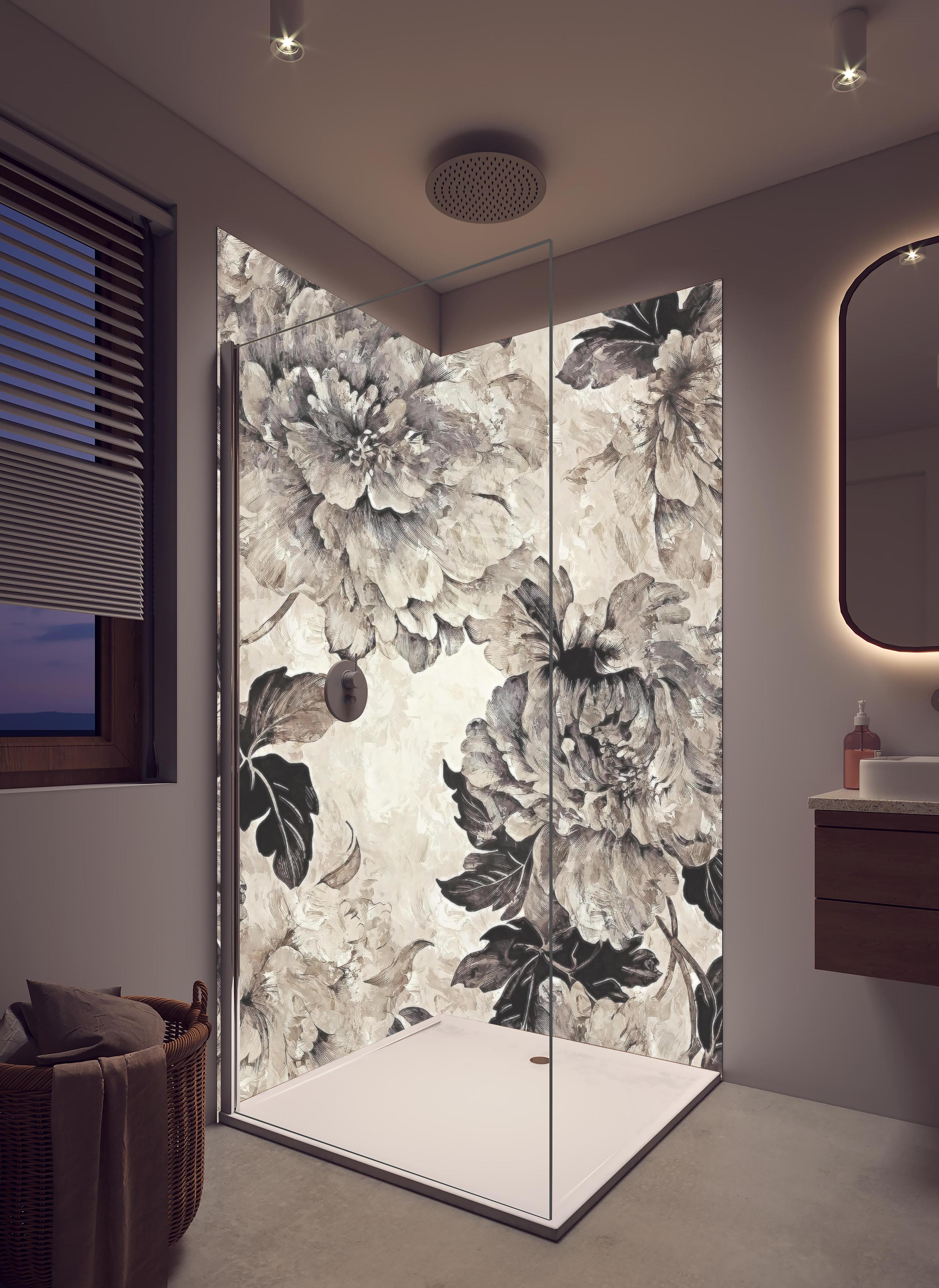 Duschrückwand - Blumiges Grau-Beige Muster Poster in hellem Badezimmer mit Regenduschkopf - zweiteilige Eck-Duschrückwand