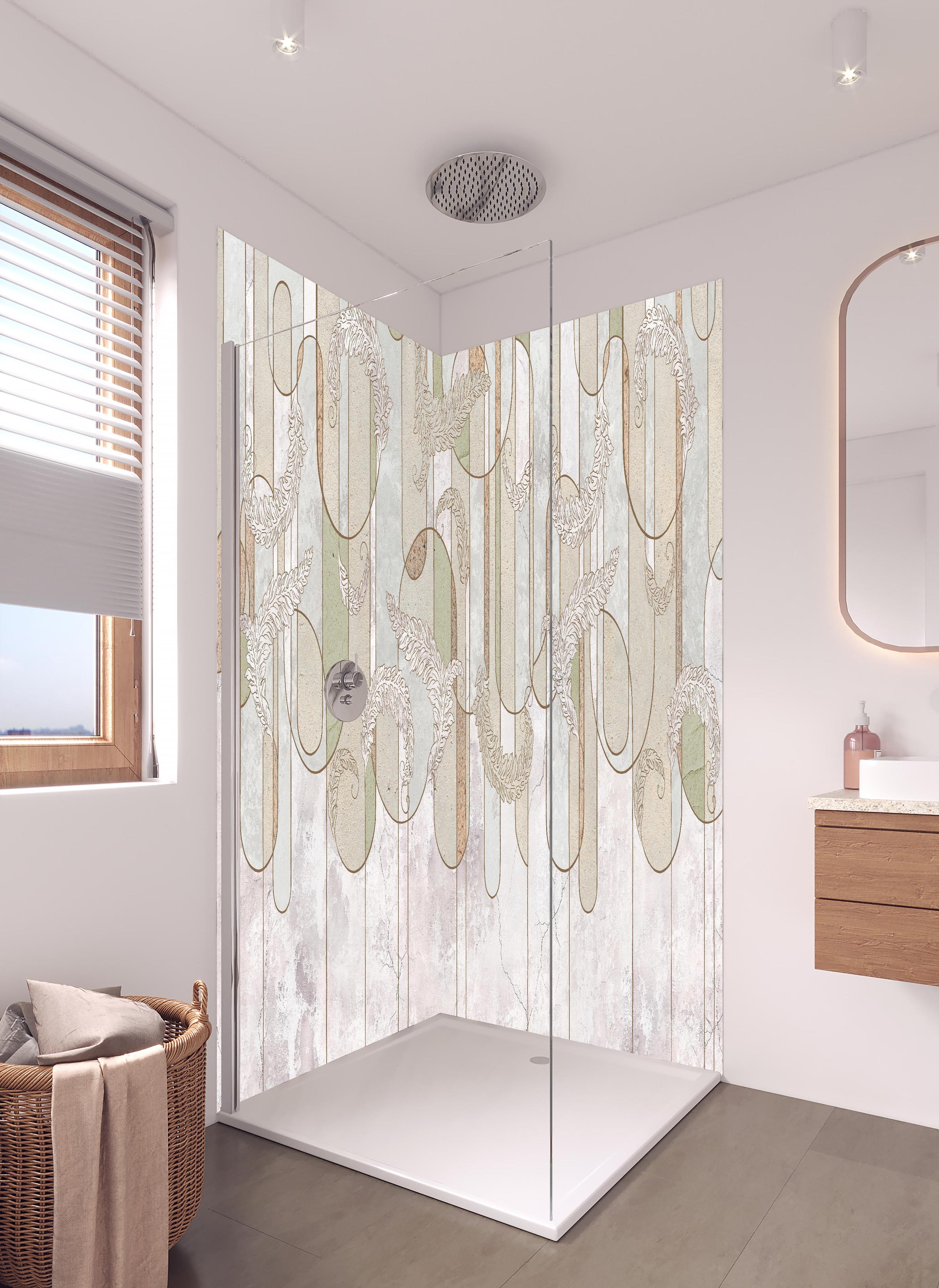 Duschrückwand - Blumiges Loft Design in hellem Badezimmer mit Regenduschkopf - zweiteilige Eck-Duschrückwand