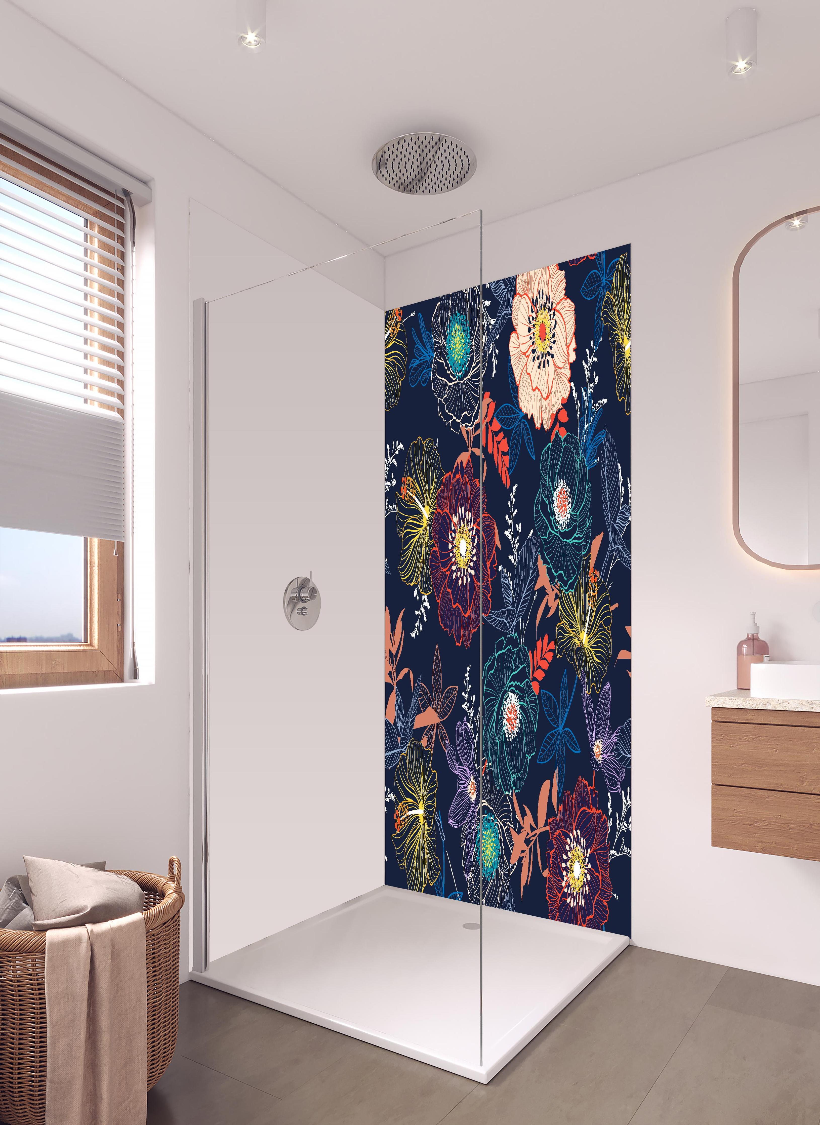 Duschrückwand - Blumiges Muster Dunkelbunt Illustration in hellem Badezimmer mit Regenduschkopf - zweiteilige Eck-Duschrückwand