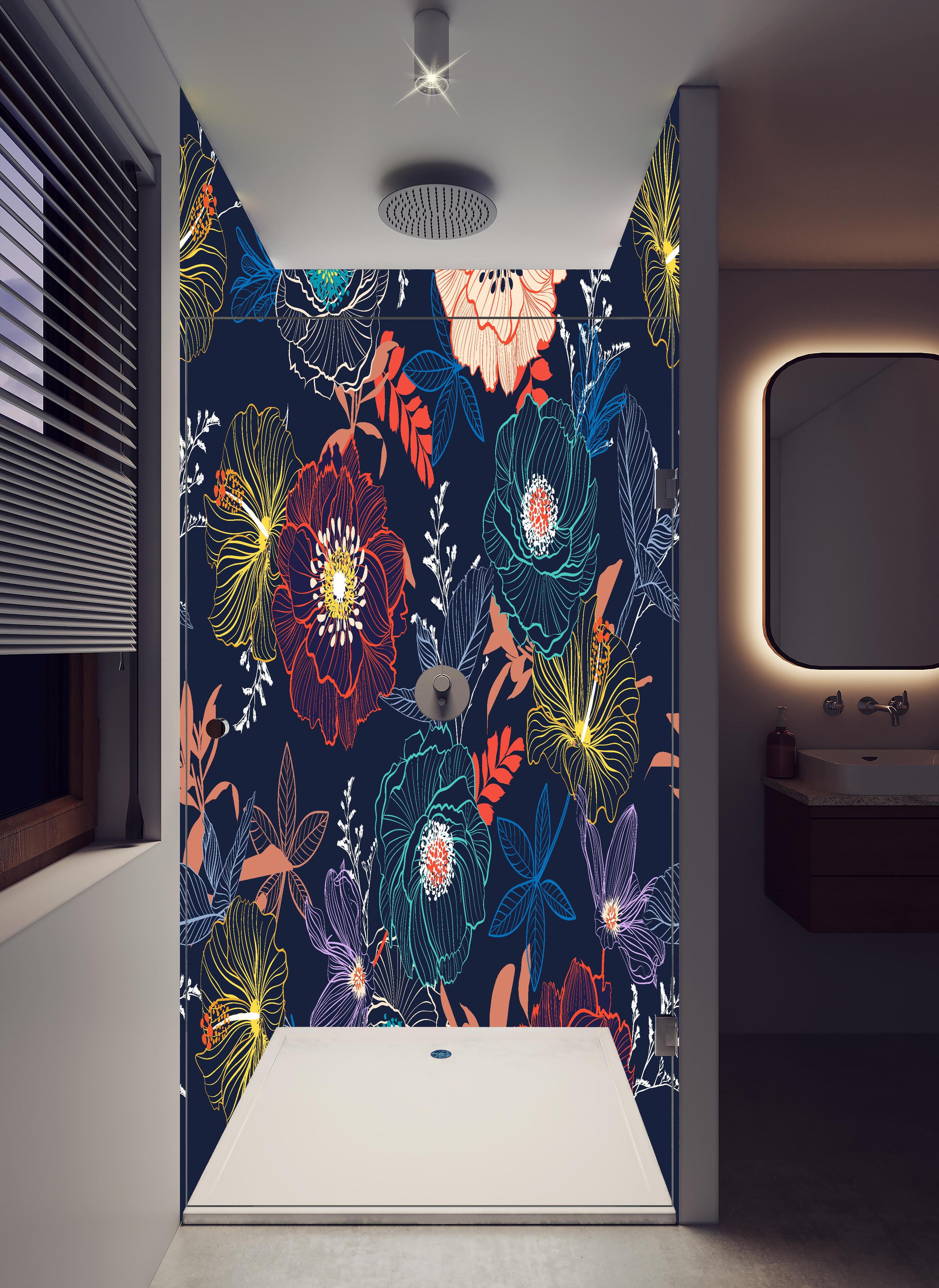Duschrückwand - Blumiges Muster Dunkelbunt Illustration in hellem Badezimmer mit Regenduschkopf - zweiteilige Eck-Duschrückwand