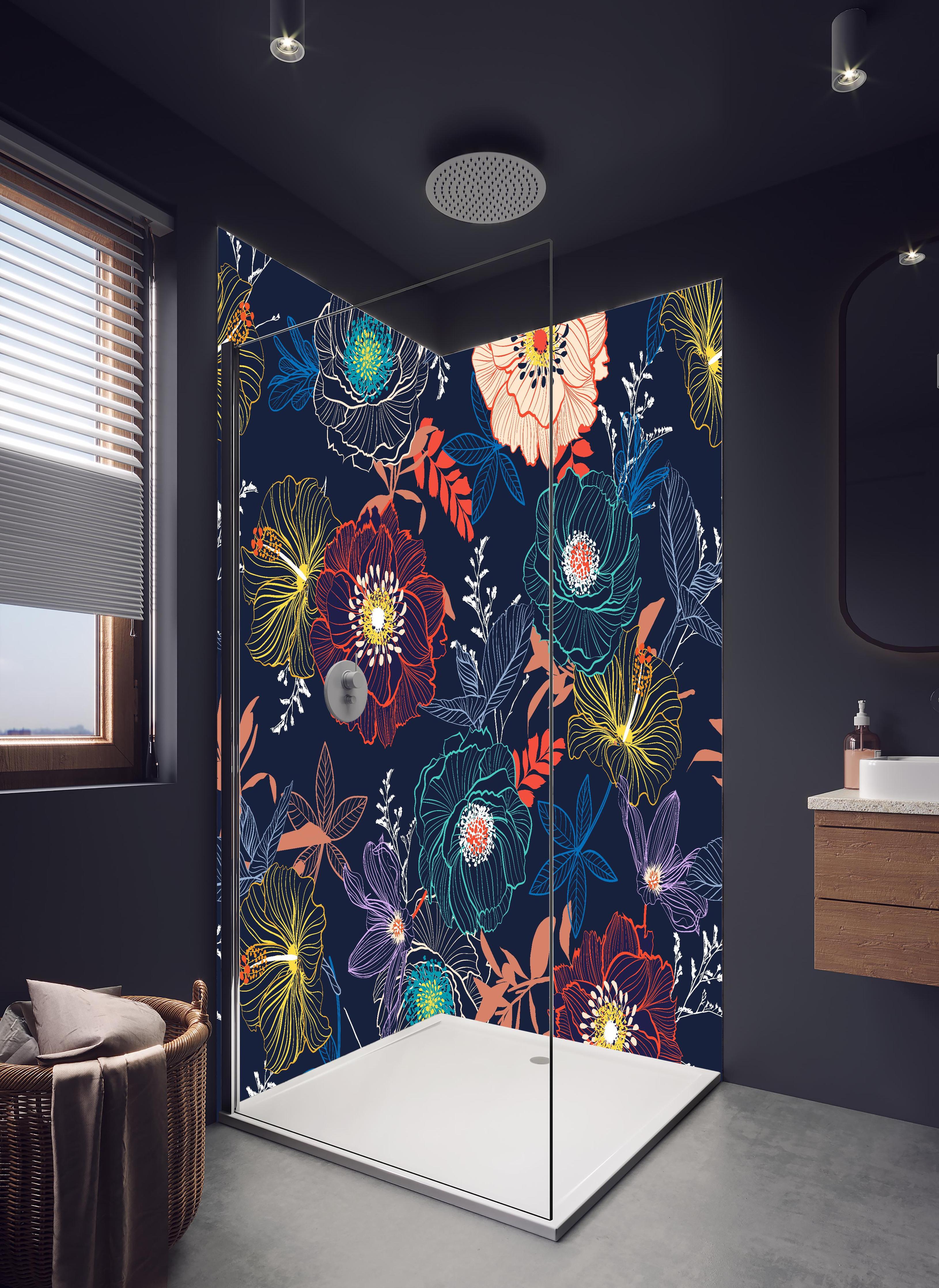 Duschrückwand - Blumiges Muster Dunkelbunt Illustration in hellem Badezimmer mit Regenduschkopf - zweiteilige Eck-Duschrückwand