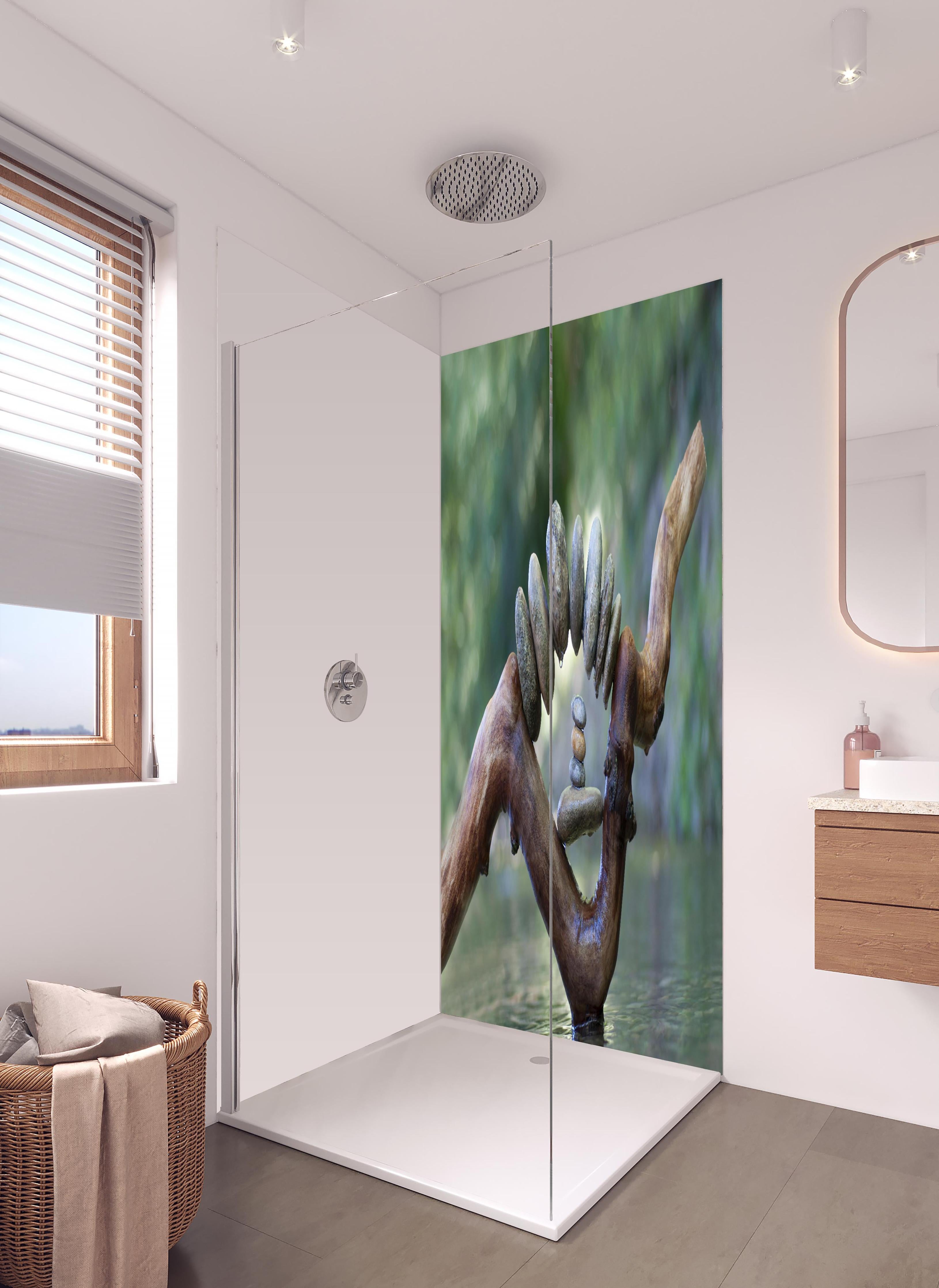 Duschrückwand - Bogen aus Steinen und Holz auf dem Wasser in hellem Badezimmer mit Regenduschkopf - zweiteilige Eck-Duschrückwand