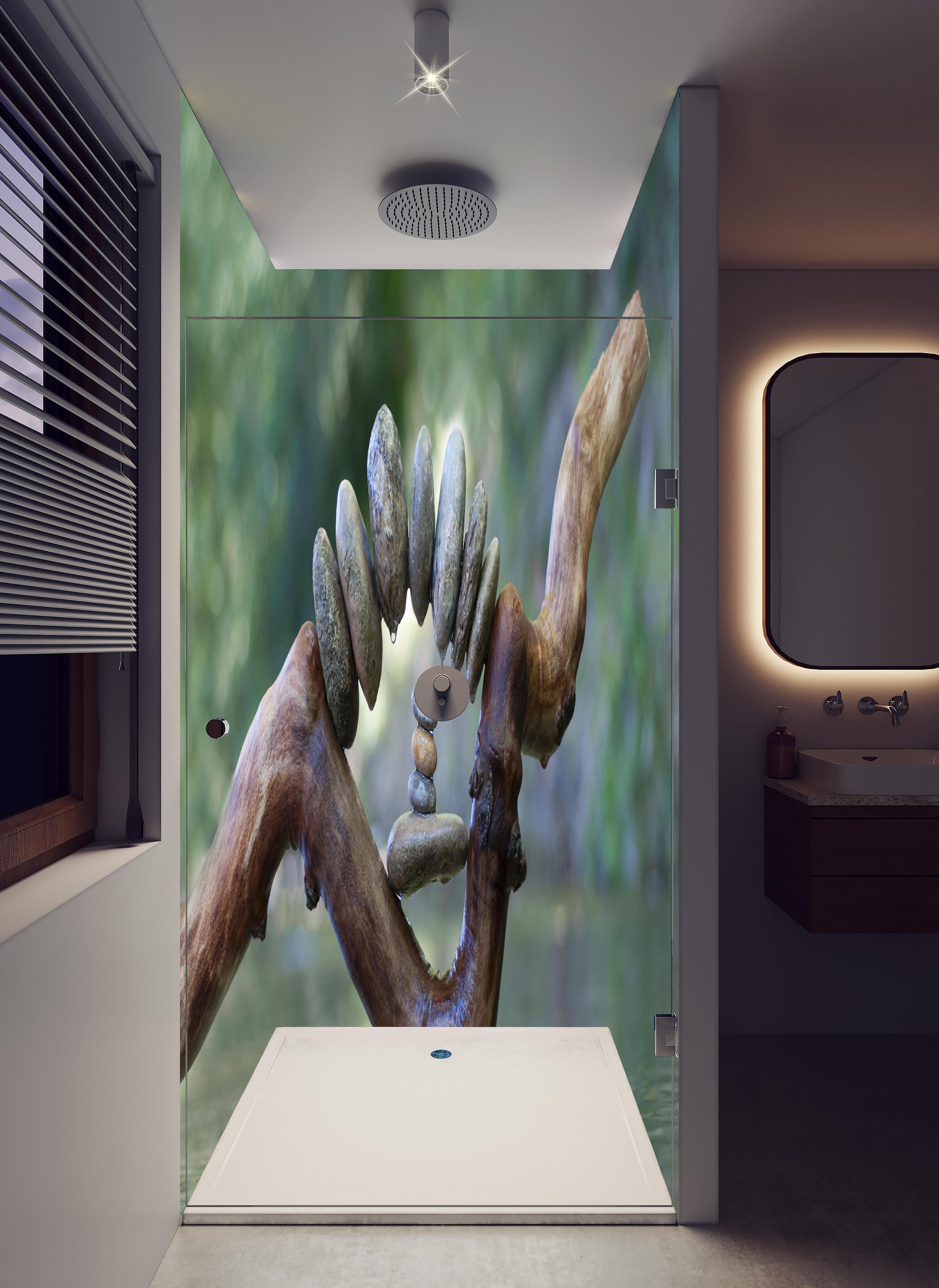 Duschrückwand - Bogen aus Steinen und Holz auf dem Wasser in hellem Badezimmer mit Regenduschkopf - zweiteilige Eck-Duschrückwand