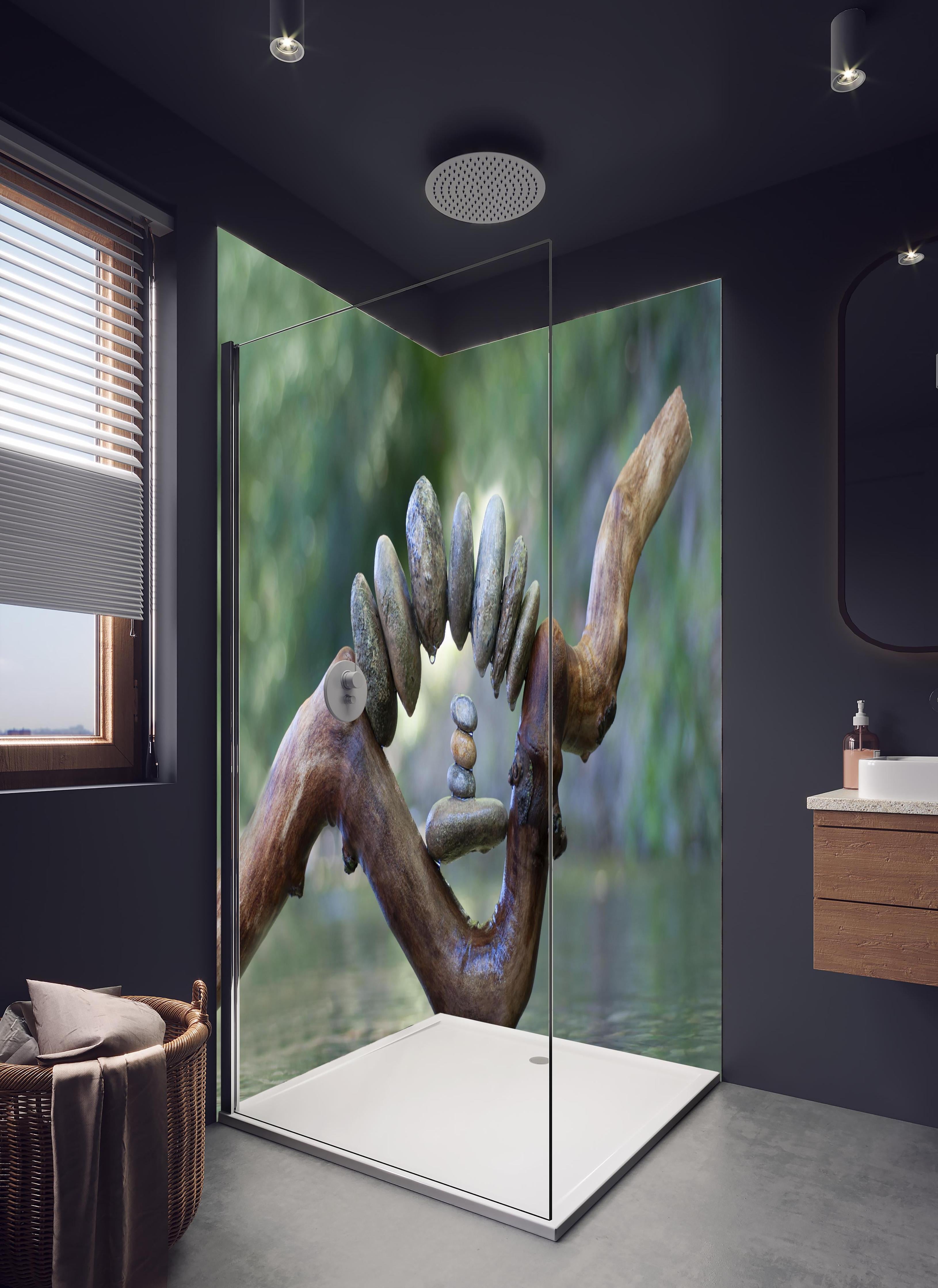 Duschrückwand - Bogen aus Steinen und Holz auf dem Wasser in hellem Badezimmer mit Regenduschkopf - zweiteilige Eck-Duschrückwand