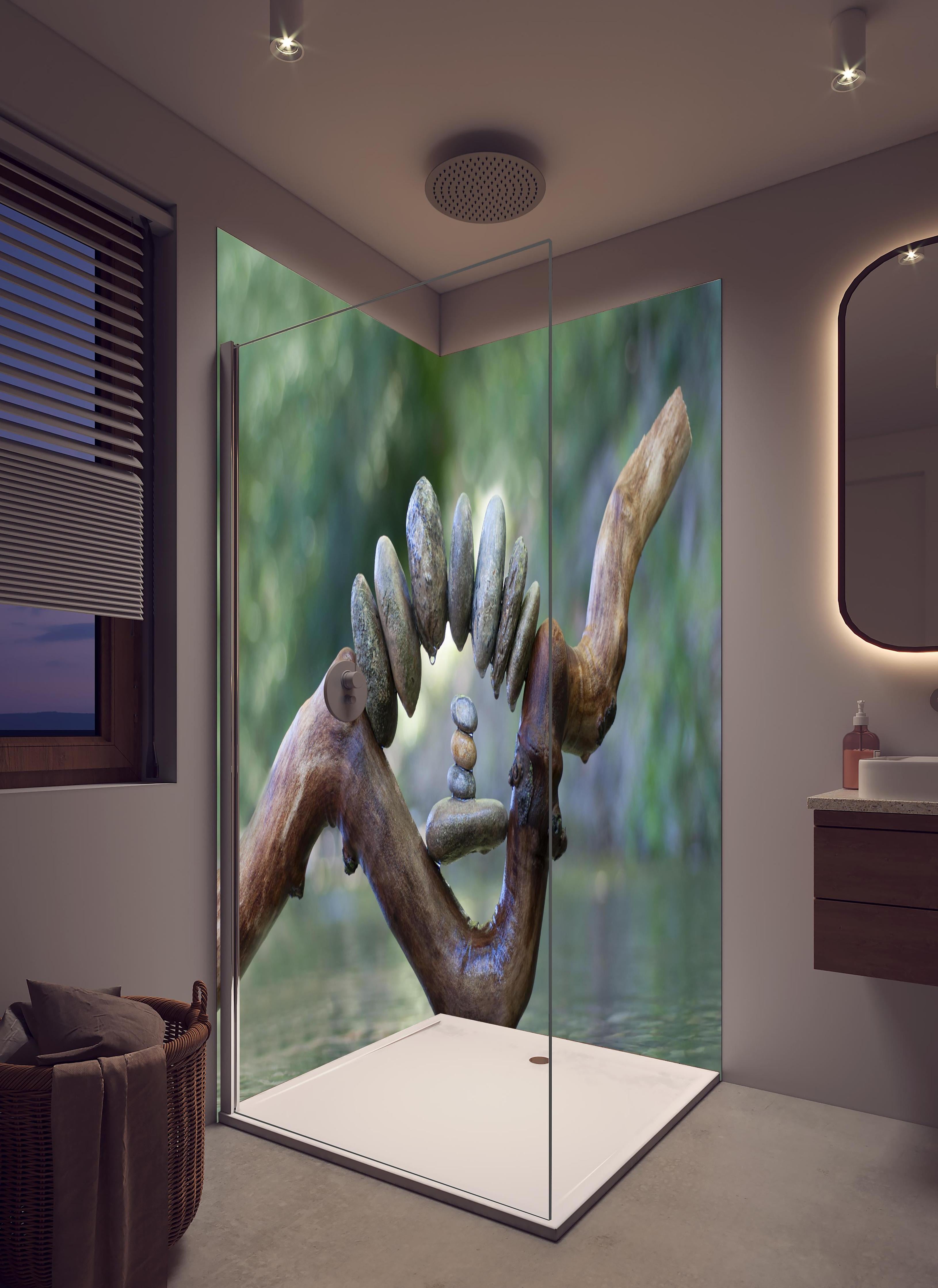 Duschrückwand - Bogen aus Steinen und Holz auf dem Wasser in hellem Badezimmer mit Regenduschkopf - zweiteilige Eck-Duschrückwand