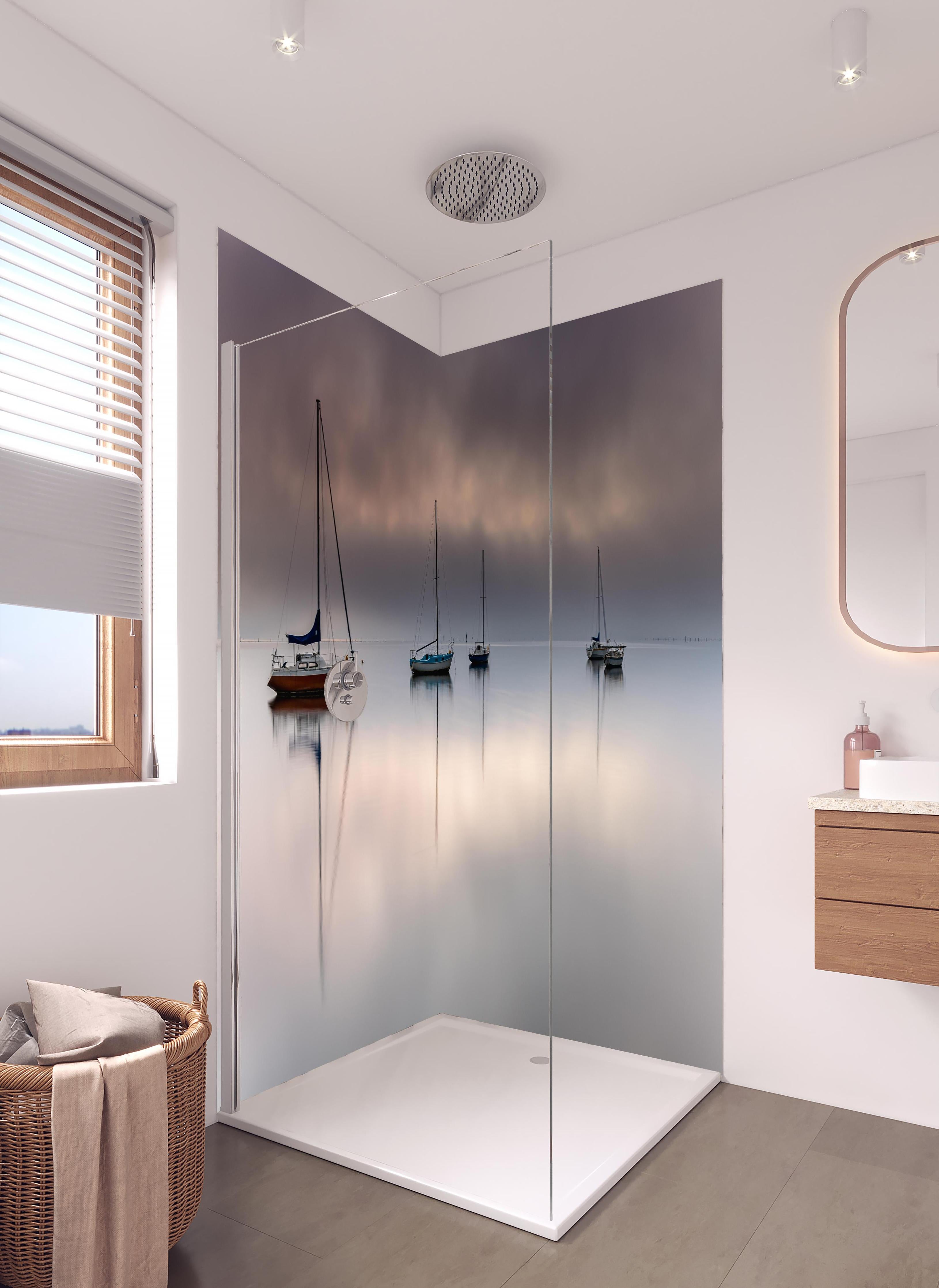 Duschrückwand - Boote auf nebeligem Meer in hellem Badezimmer mit Regenduschkopf - zweiteilige Eck-Duschrückwand