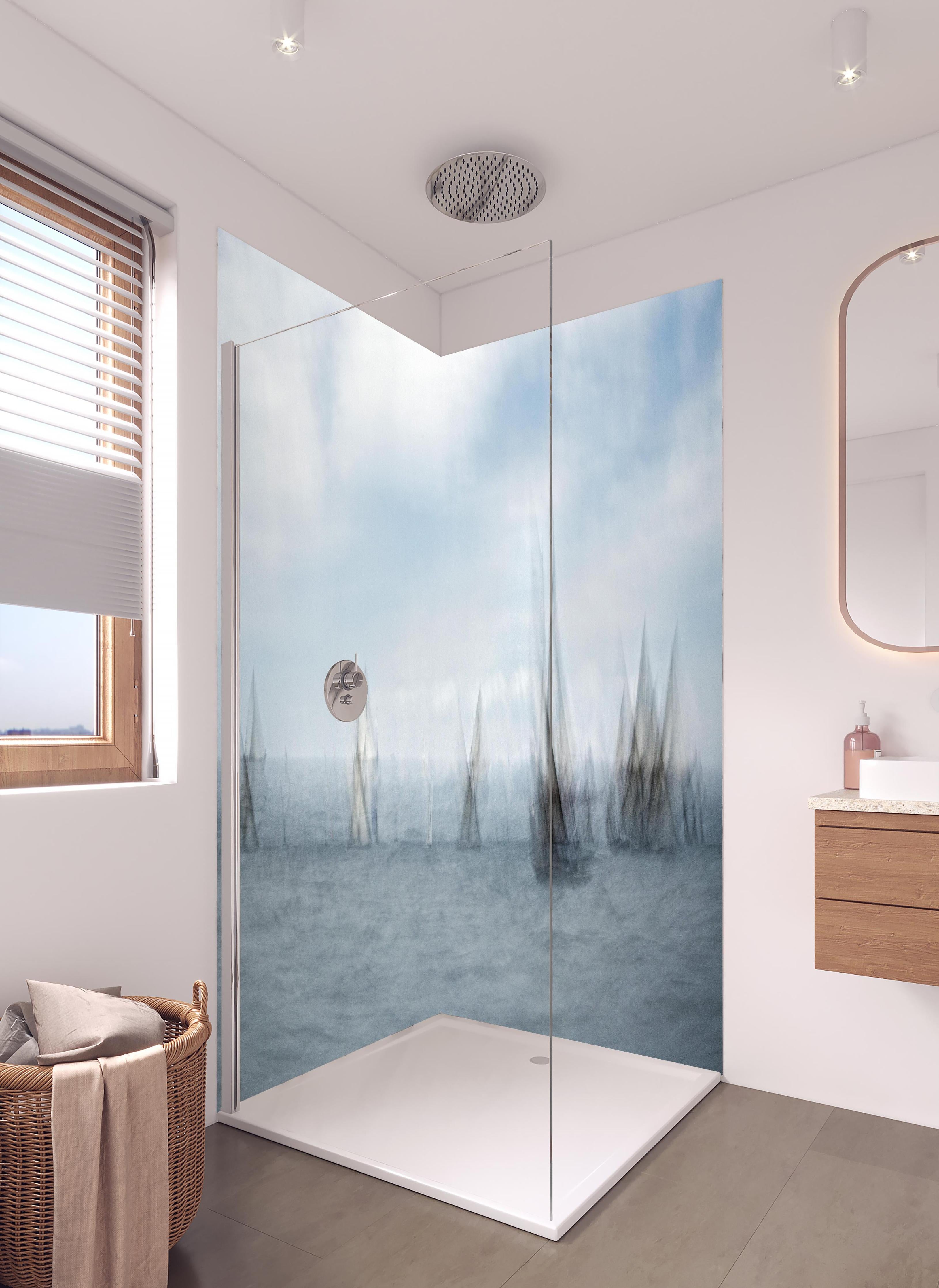 Duschrückwand - Boote im Meer - Unscharf in hellem Badezimmer mit Regenduschkopf - zweiteilige Eck-Duschrückwand