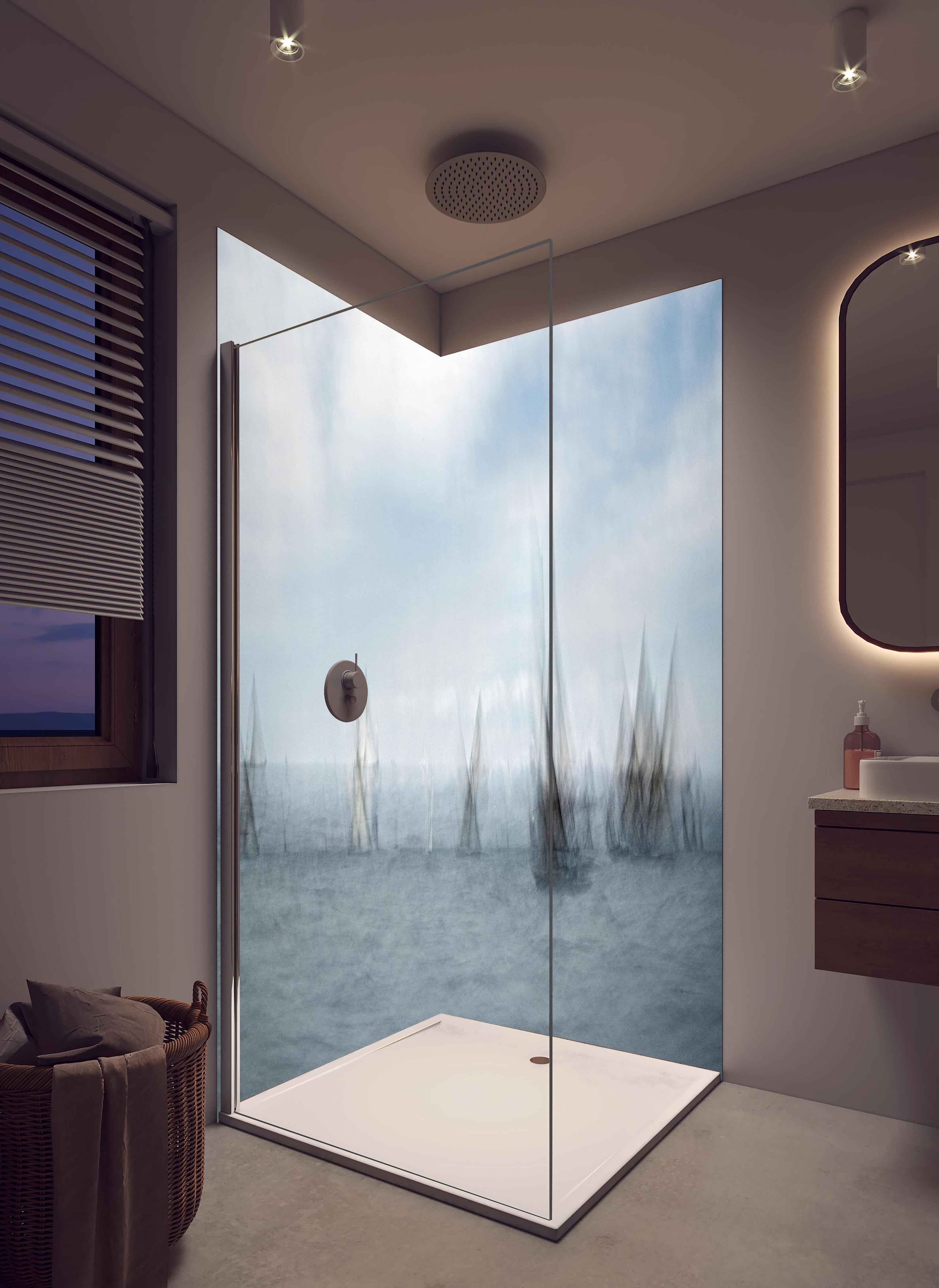 Duschrückwand - Boote im Meer - Unscharf in hellem Badezimmer mit Regenduschkopf - zweiteilige Eck-Duschrückwand