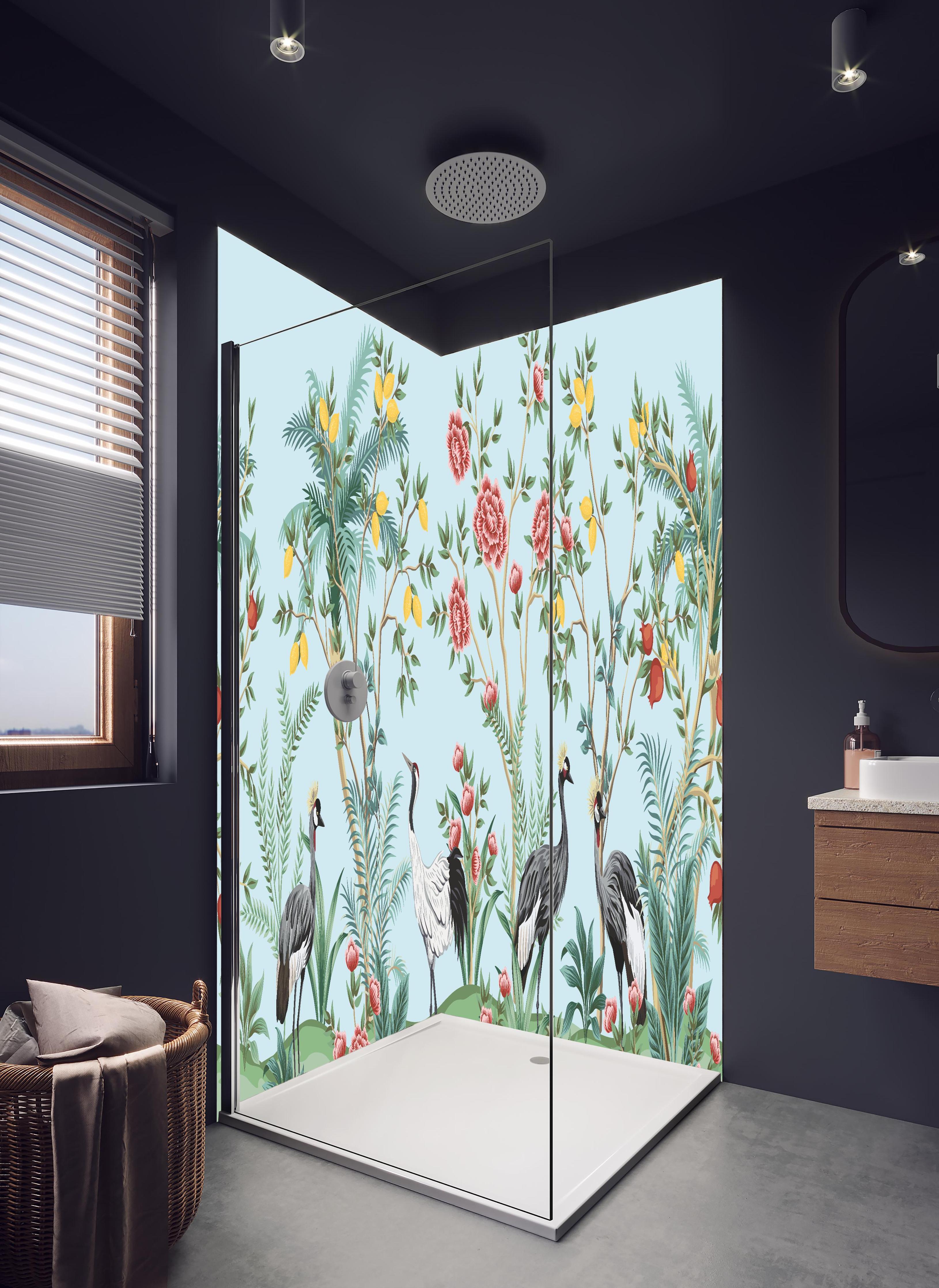Duschrückwand - Botanische Tapete mit exotischen Vögeln in hellem Badezimmer mit Regenduschkopf - zweiteilige Eck-Duschrückwand