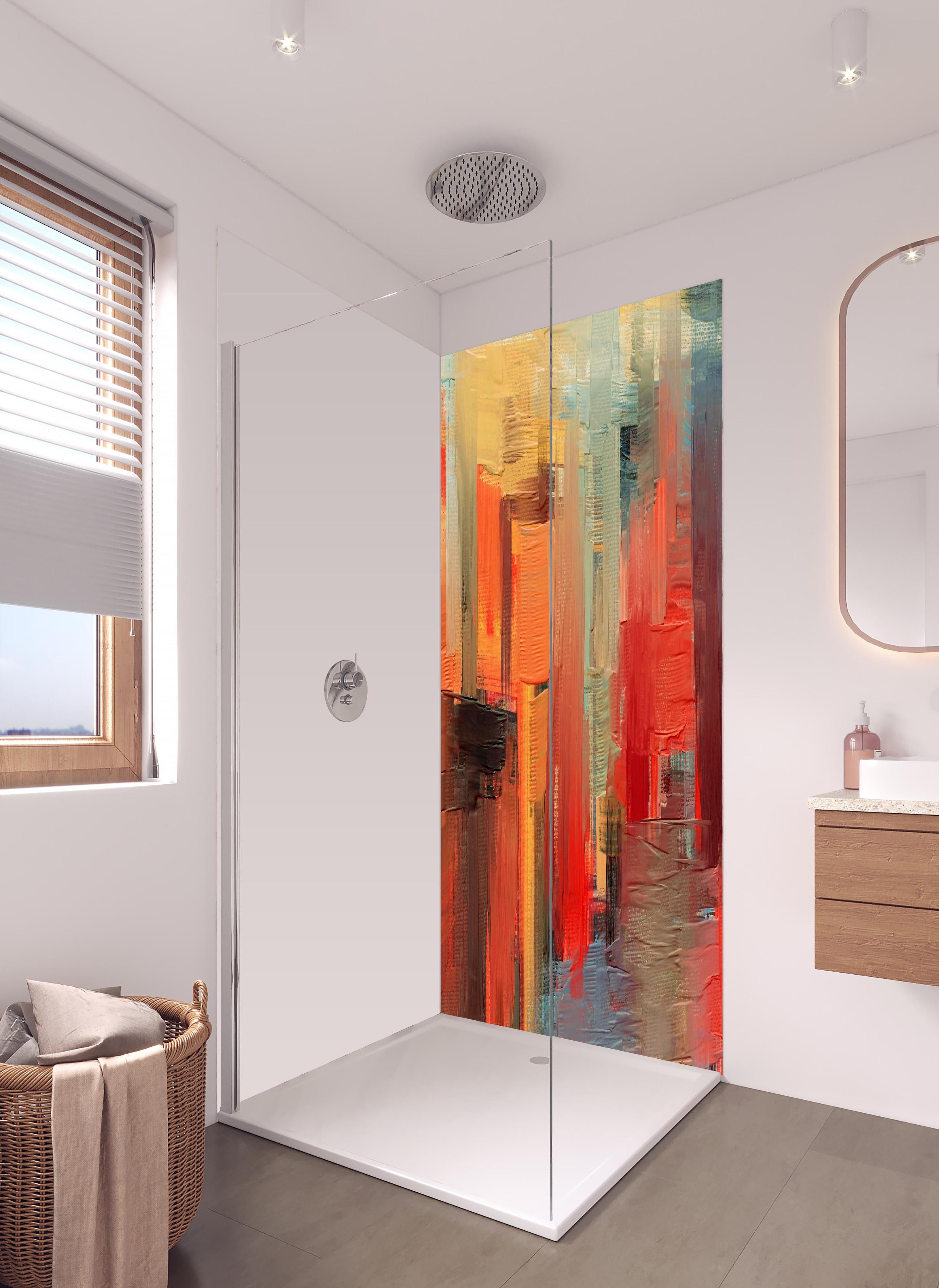 Duschrückwand - Bräunlich abstraktes Gemälde in hellem Badezimmer mit Regenduschkopf - zweiteilige Eck-Duschrückwand