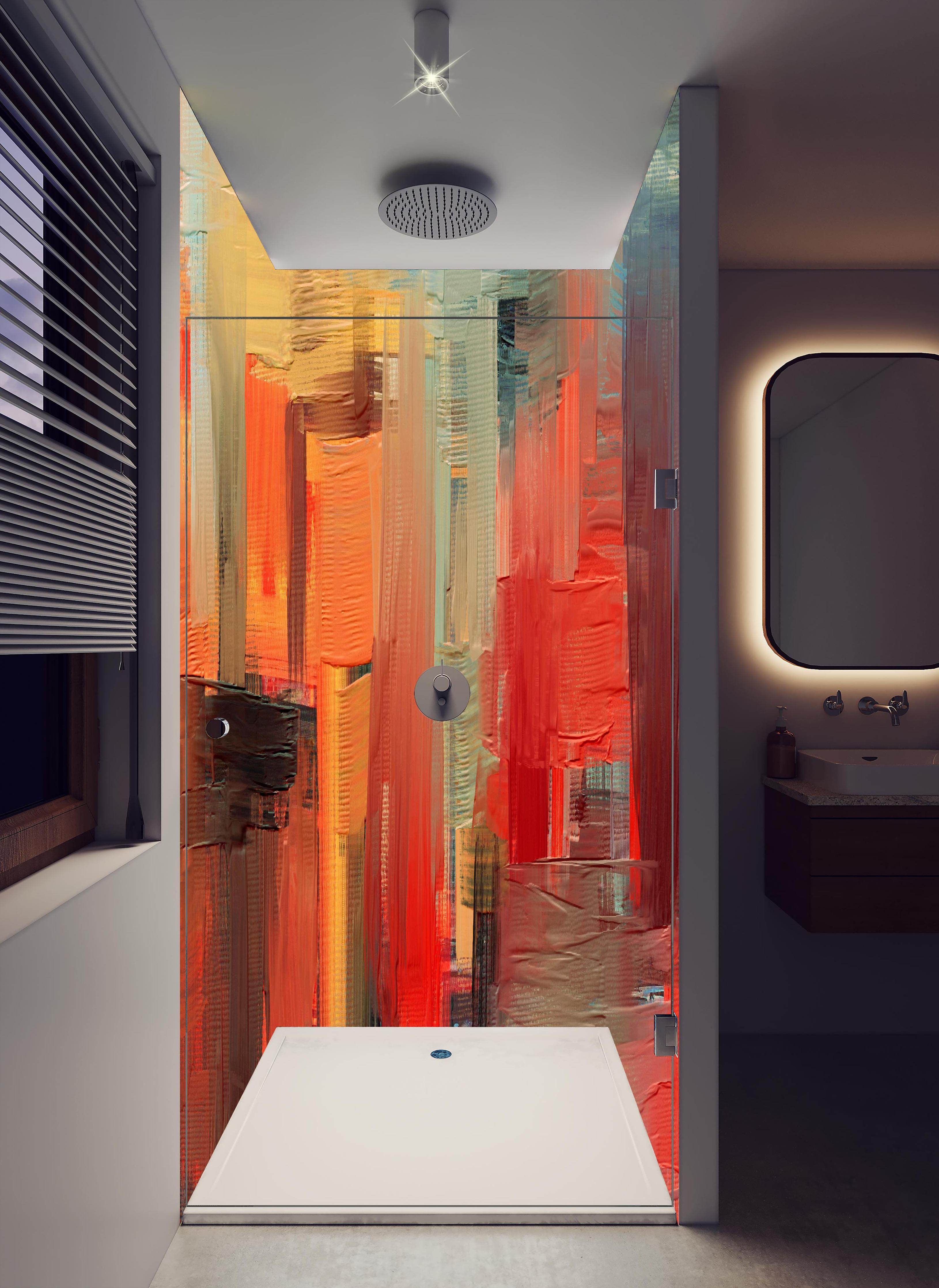 Duschrückwand - Bräunlich abstraktes Gemälde in hellem Badezimmer mit Regenduschkopf - zweiteilige Eck-Duschrückwand