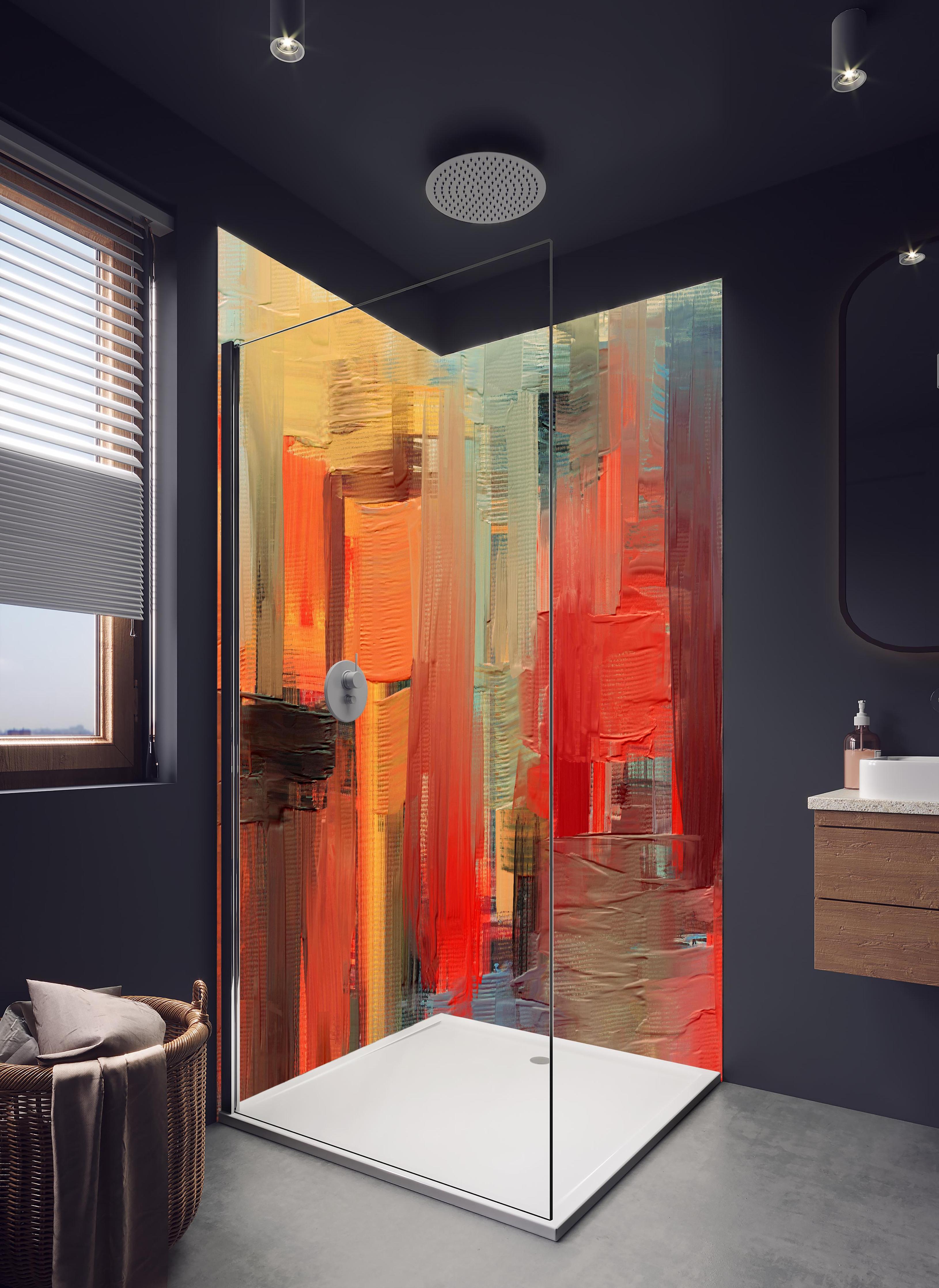 Duschrückwand - Bräunlich abstraktes Gemälde in hellem Badezimmer mit Regenduschkopf - zweiteilige Eck-Duschrückwand