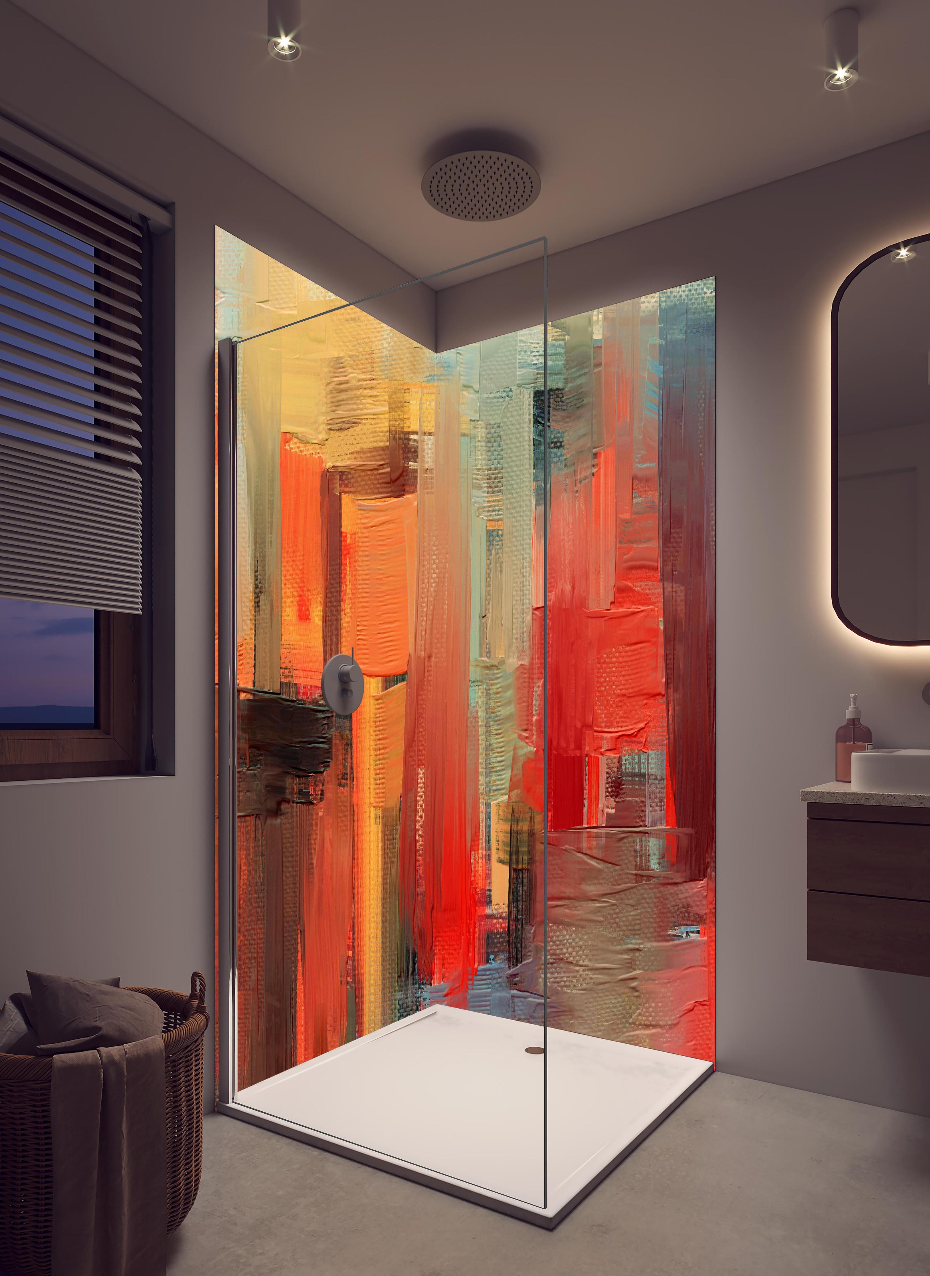 Duschrückwand - Bräunlich abstraktes Gemälde in hellem Badezimmer mit Regenduschkopf - zweiteilige Eck-Duschrückwand