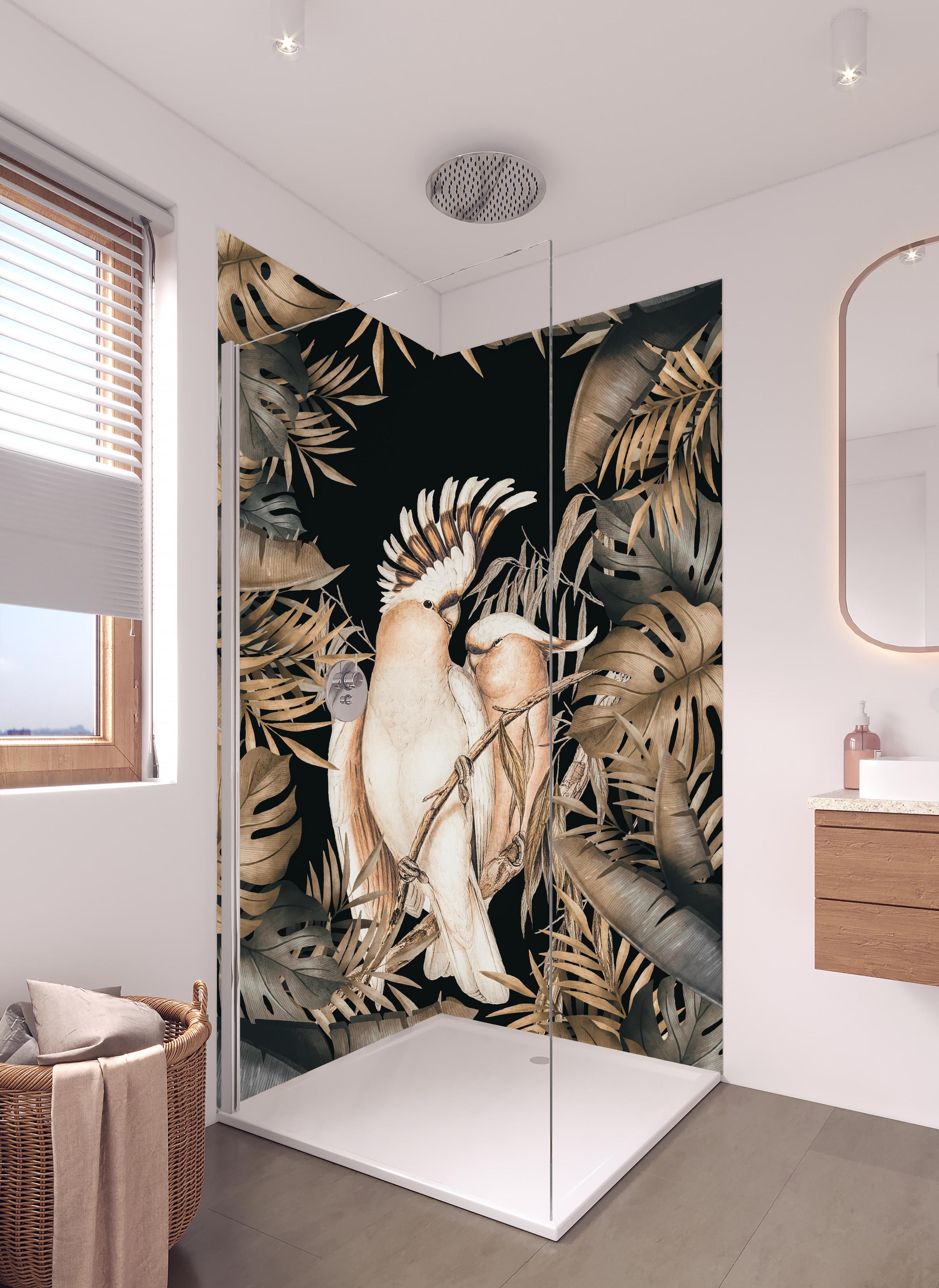 Duschrückwand - Bräunliche Kakadus Malerei in hellem Badezimmer mit Regenduschkopf - zweiteilige Eck-Duschrückwand