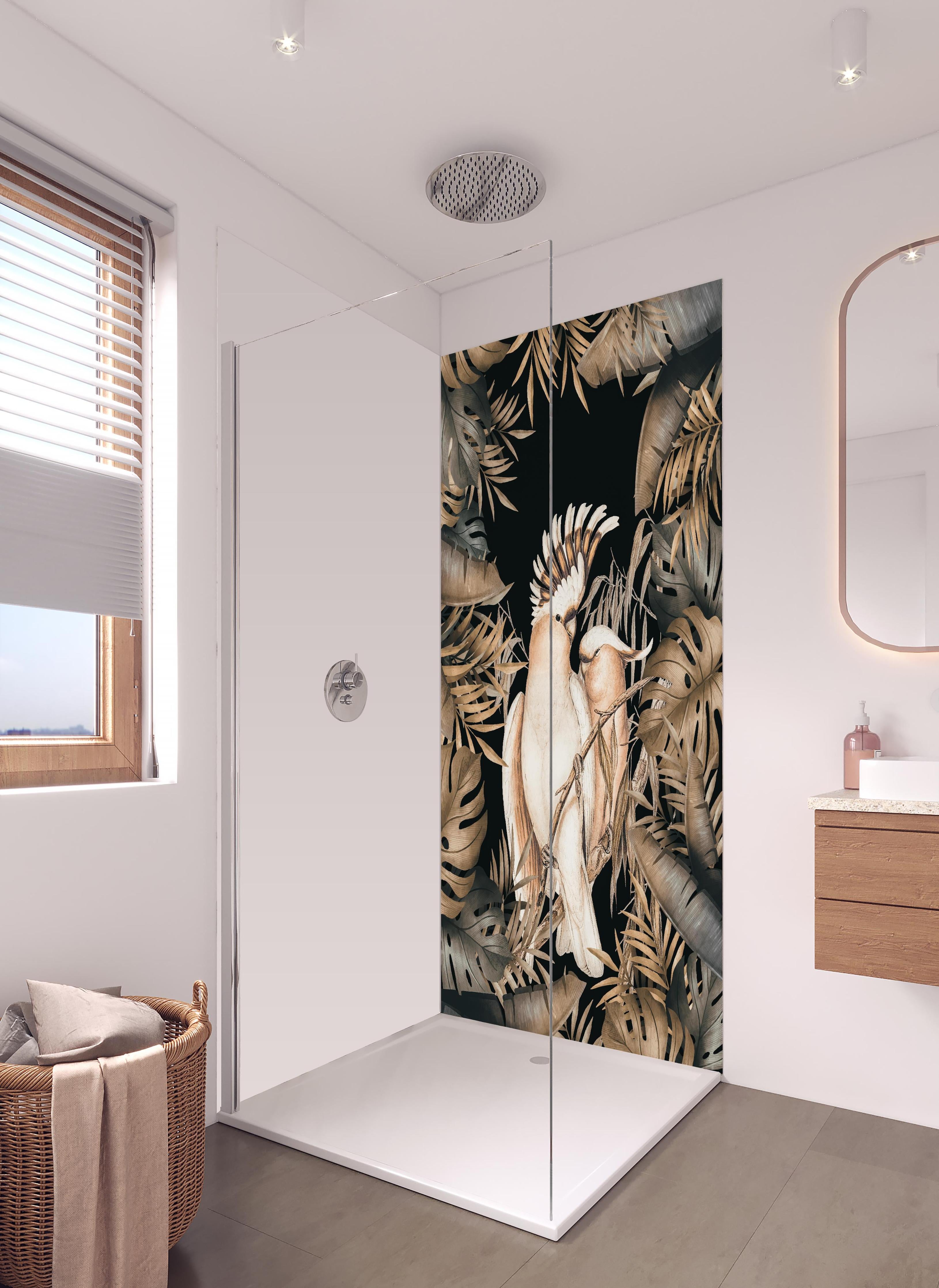 Duschrückwand - Bräunliche Kakadus Malerei in hellem Badezimmer mit Regenduschkopf - zweiteilige Eck-Duschrückwand