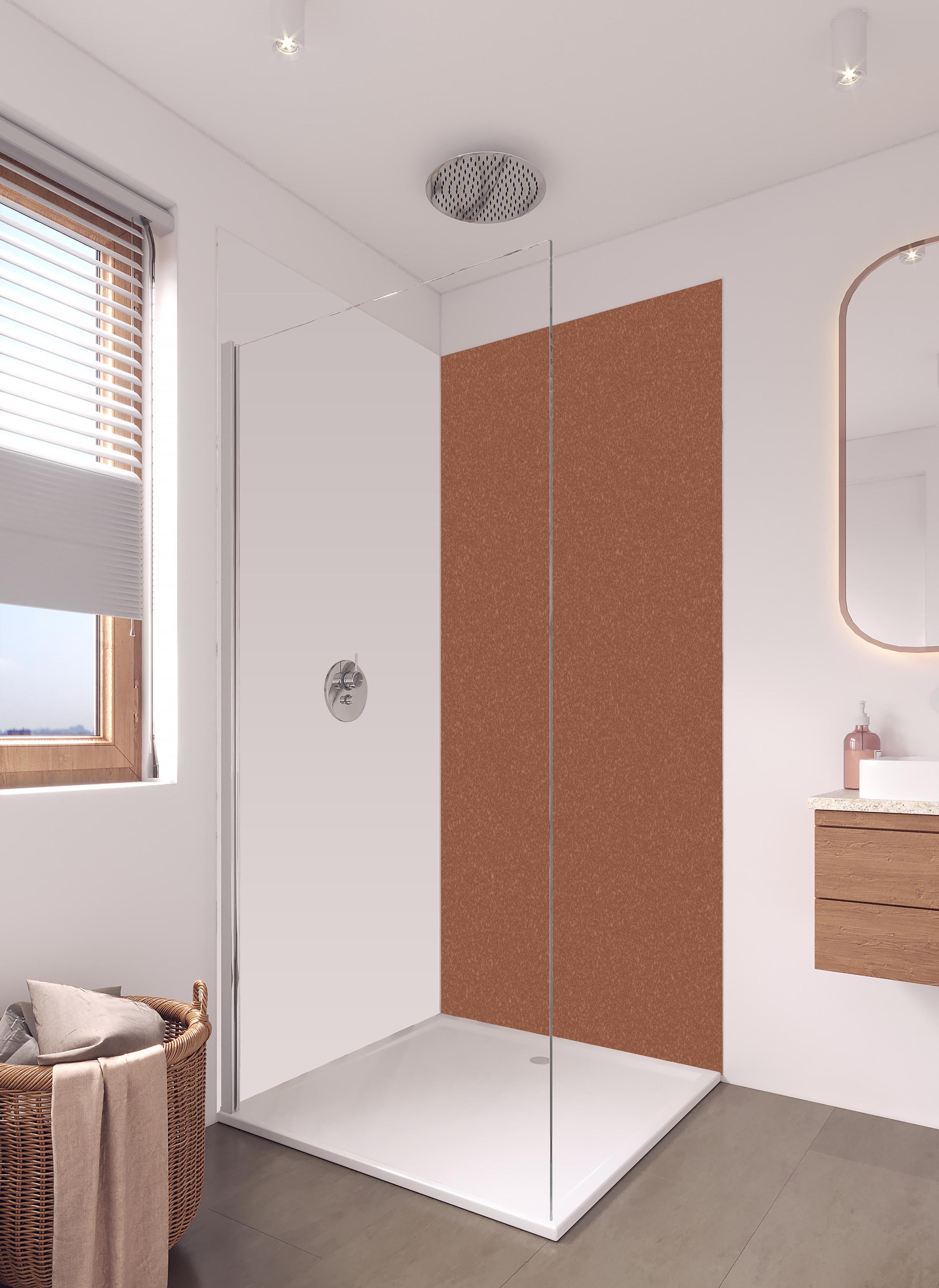 Duschrückwand - Bräunlicher Hintergrund - Zimtfarbe in hellem Badezimmer mit Regenduschkopf - zweiteilige Eck-Duschrückwand