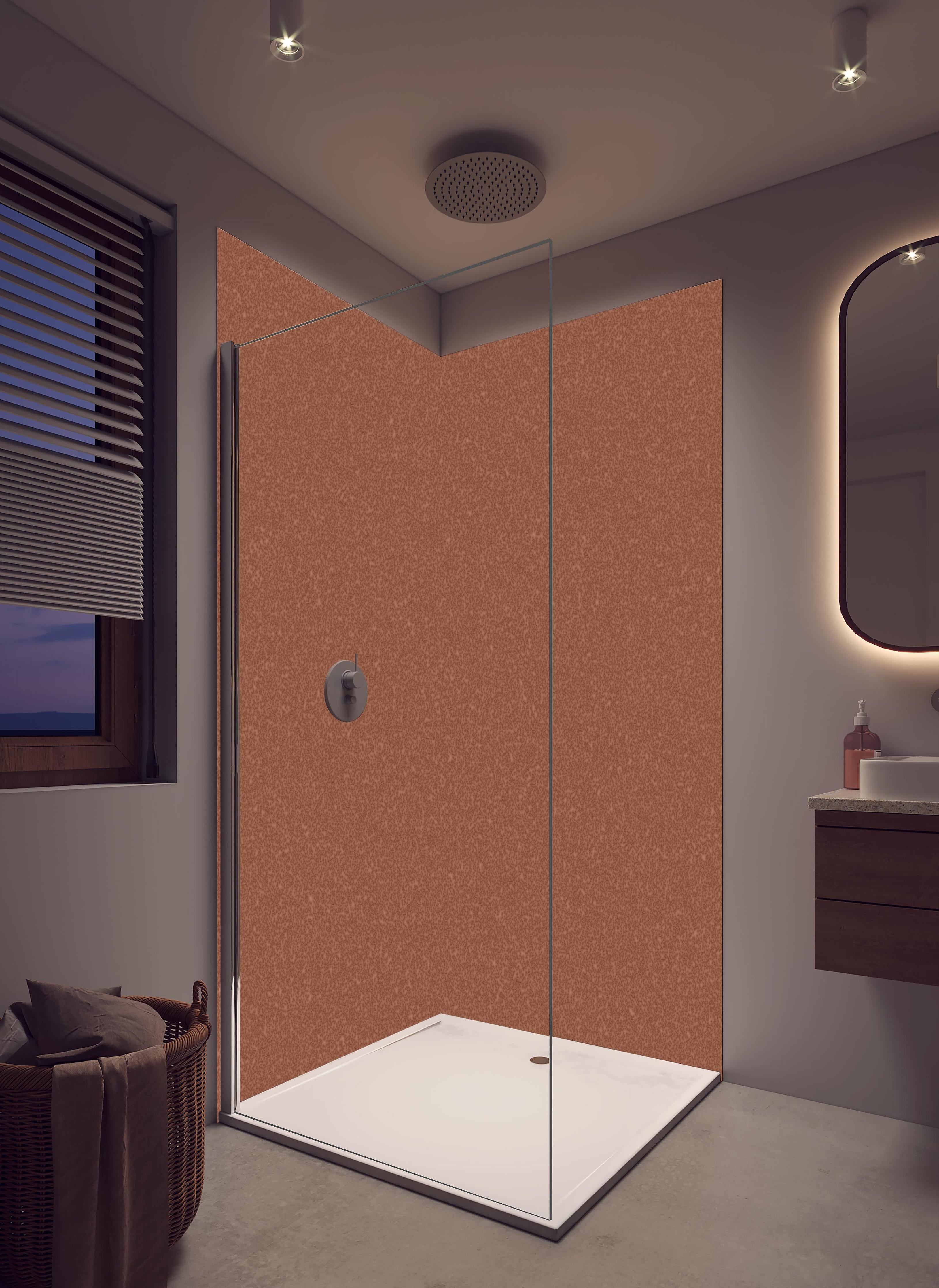 Duschrückwand - Bräunlicher Hintergrund - Zimtfarbe in hellem Badezimmer mit Regenduschkopf - zweiteilige Eck-Duschrückwand