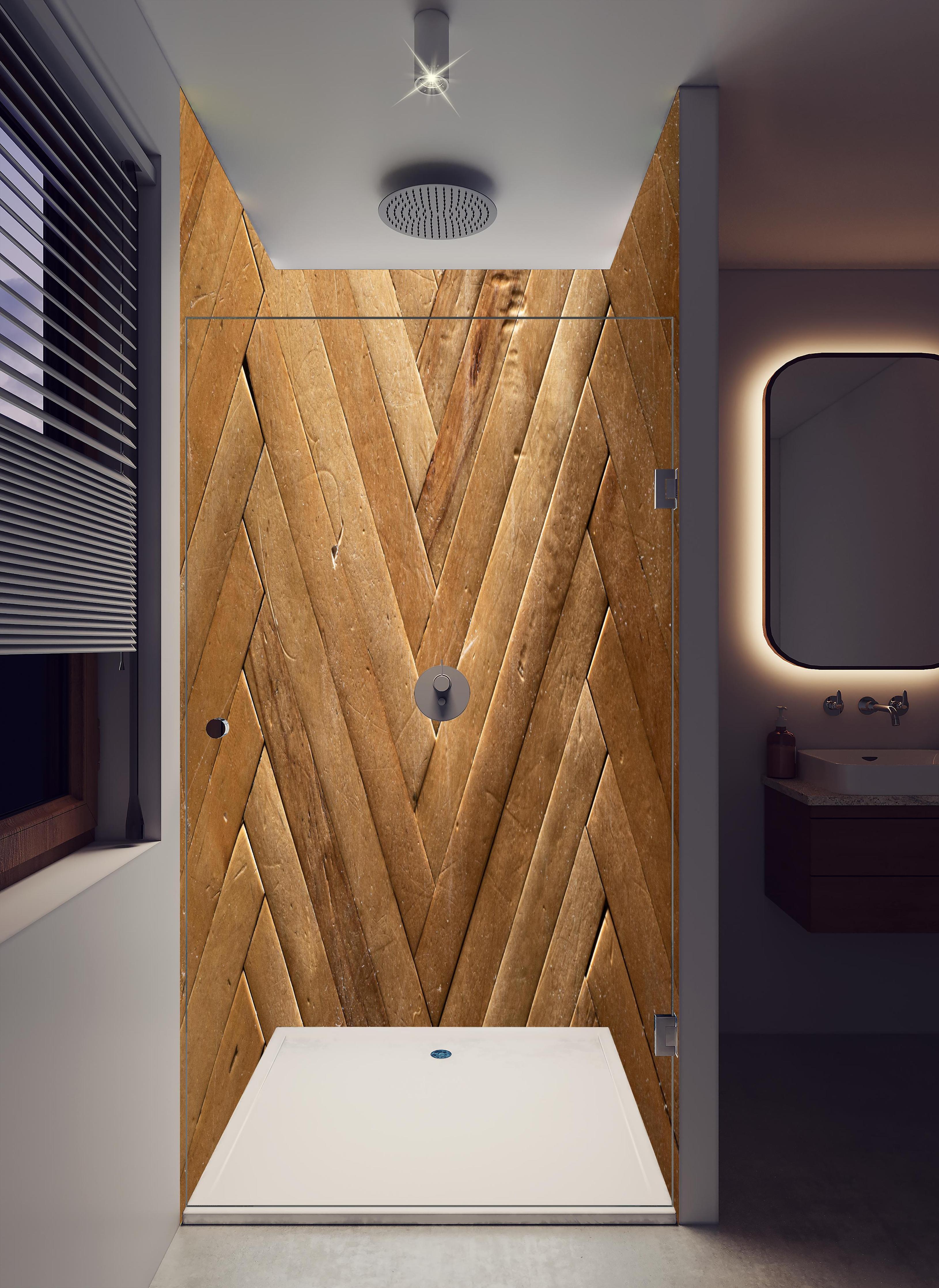 Duschrückwand - Bräunliches Holzbrett Muster in hellem Badezimmer mit Regenduschkopf - zweiteilige Eck-Duschrückwand