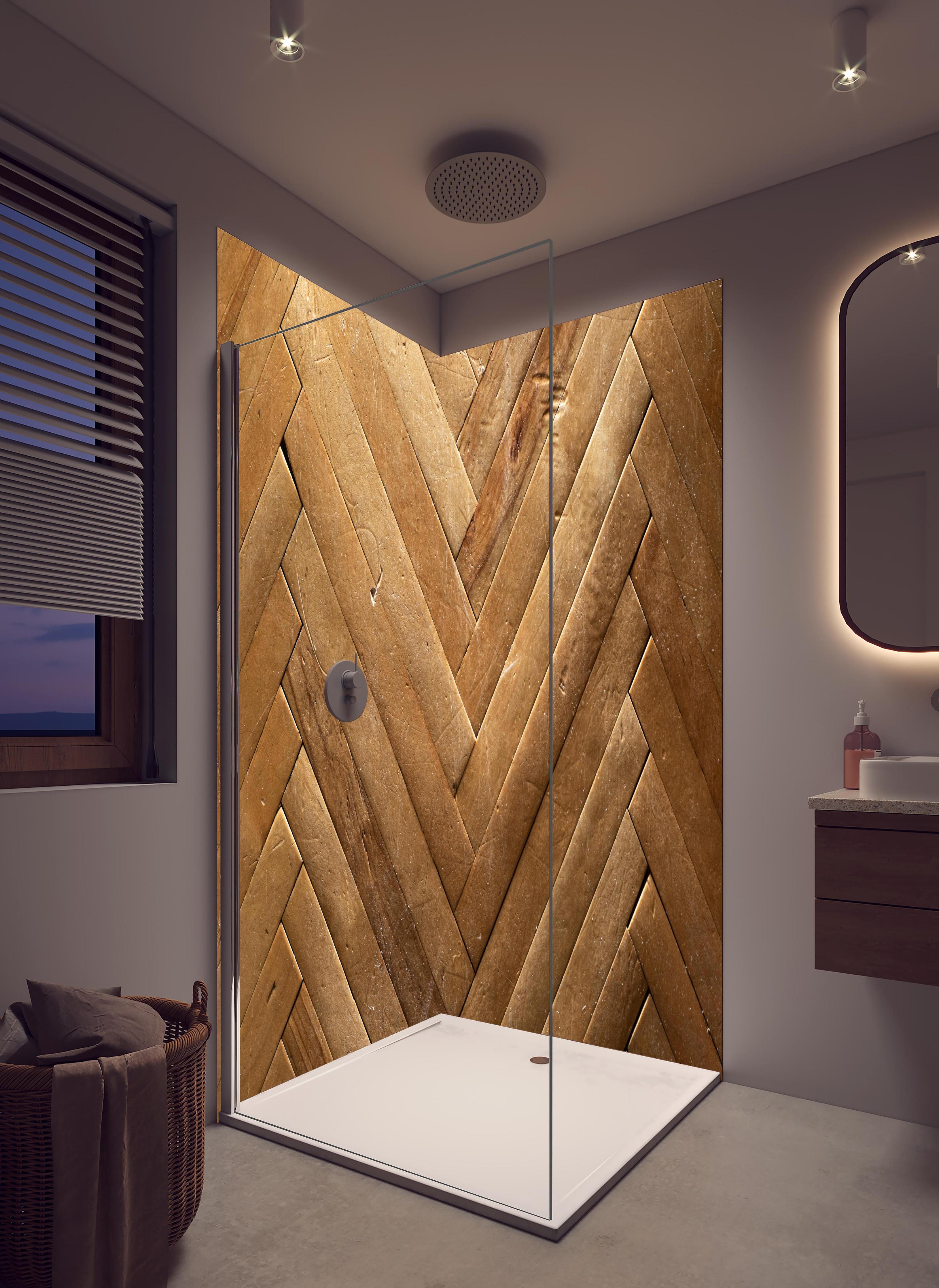 Duschrückwand - Bräunliches Holzbrett Muster in hellem Badezimmer mit Regenduschkopf - zweiteilige Eck-Duschrückwand
