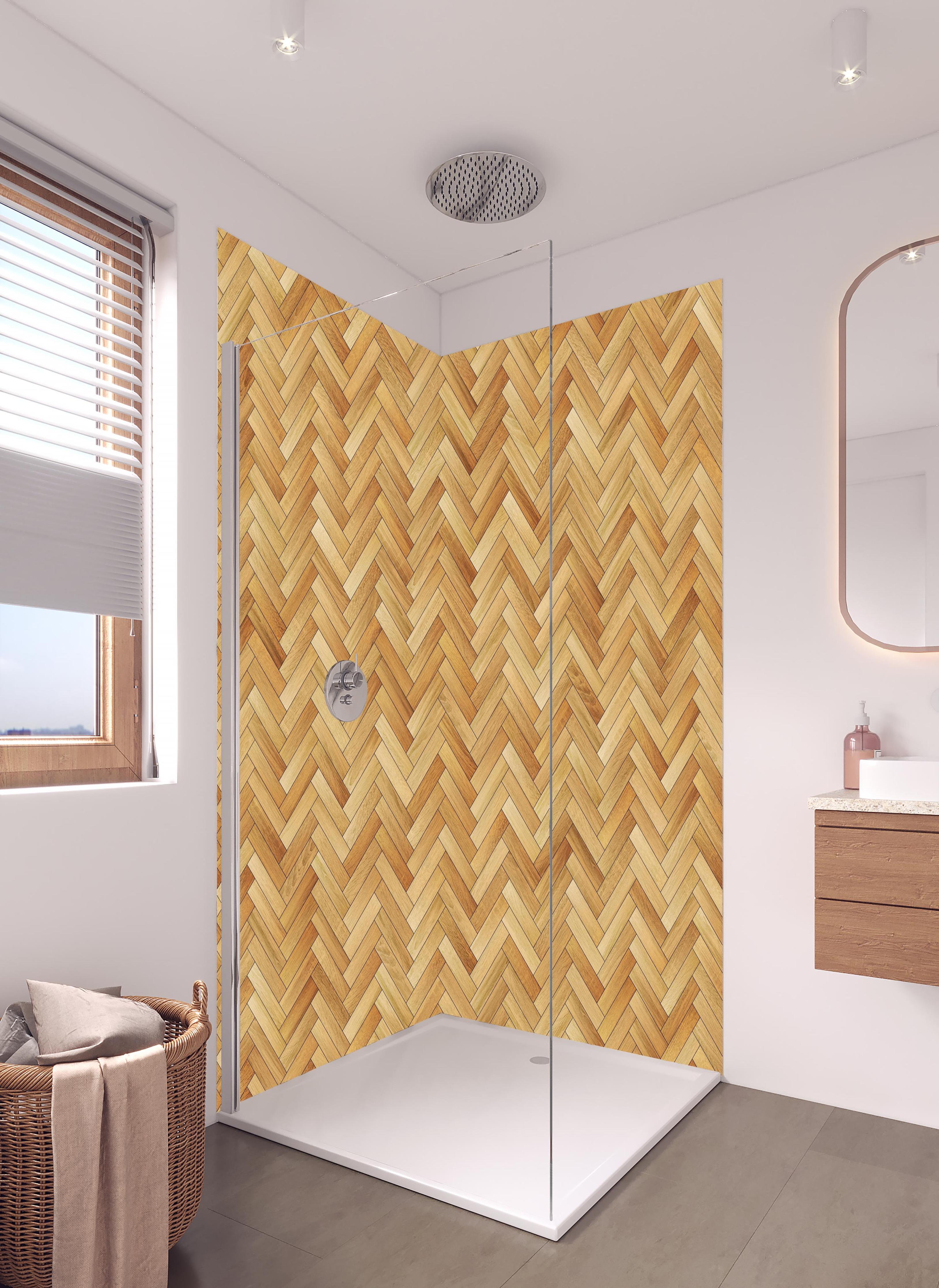 Duschrückwand - Bräunliches Rechtecks Holzmuster in hellem Badezimmer mit Regenduschkopf - zweiteilige Eck-Duschrückwand