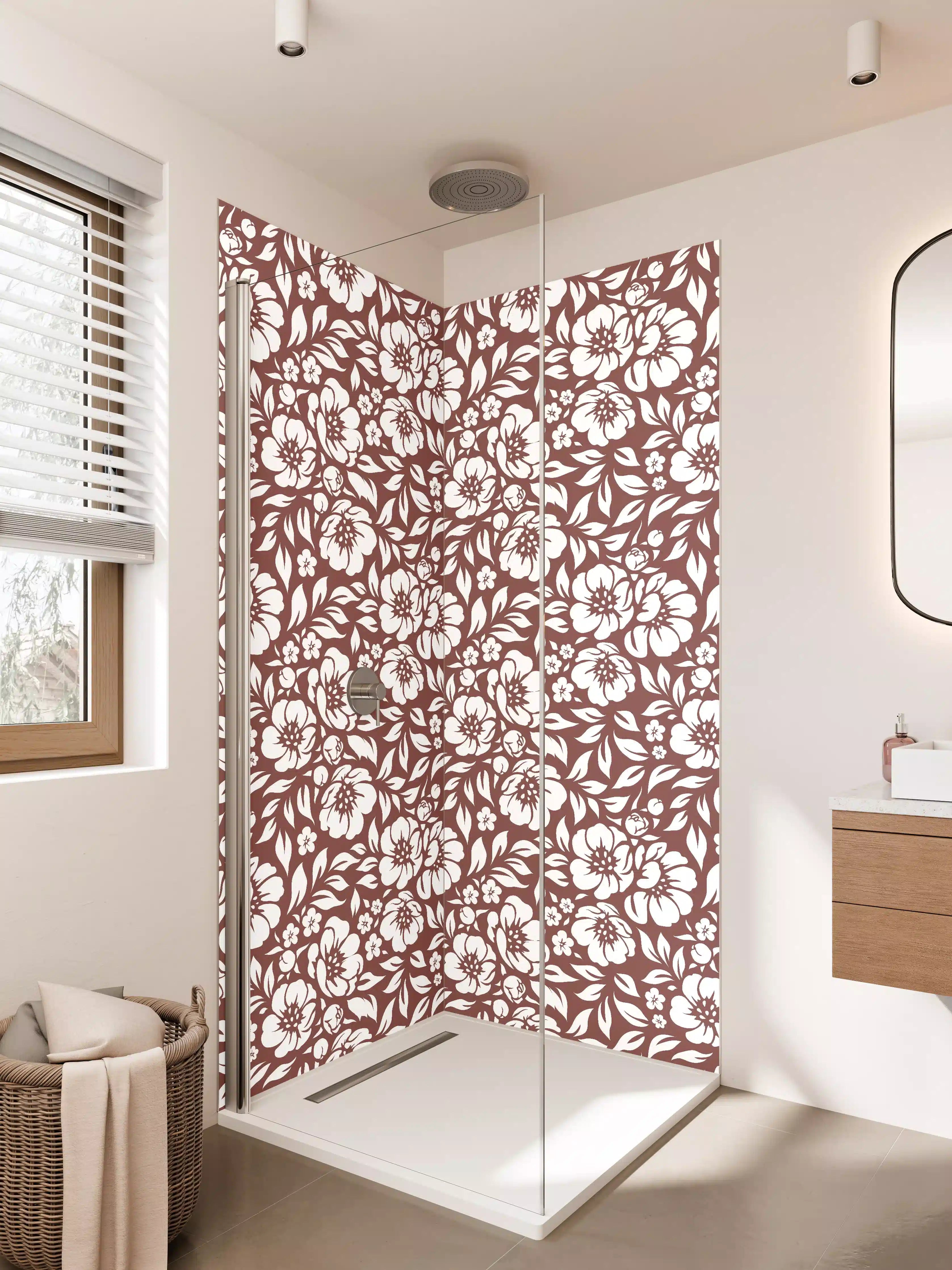 Duschrückwand - Branchenexklusives Blumenmuster in Braun und Weiß